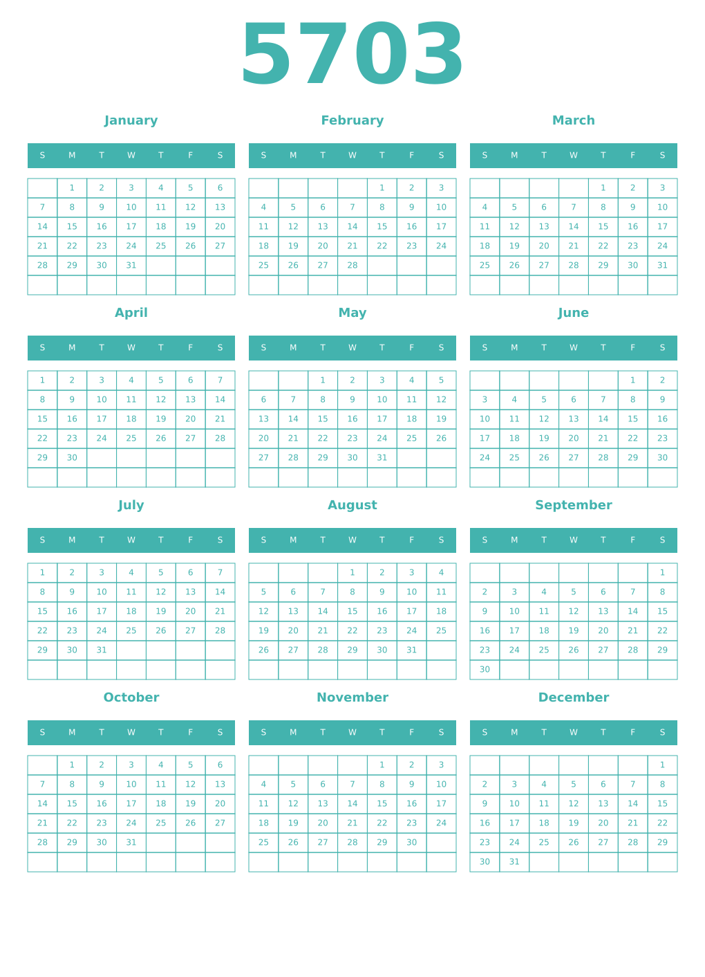 Printable 5703 Year Calendars verdigris