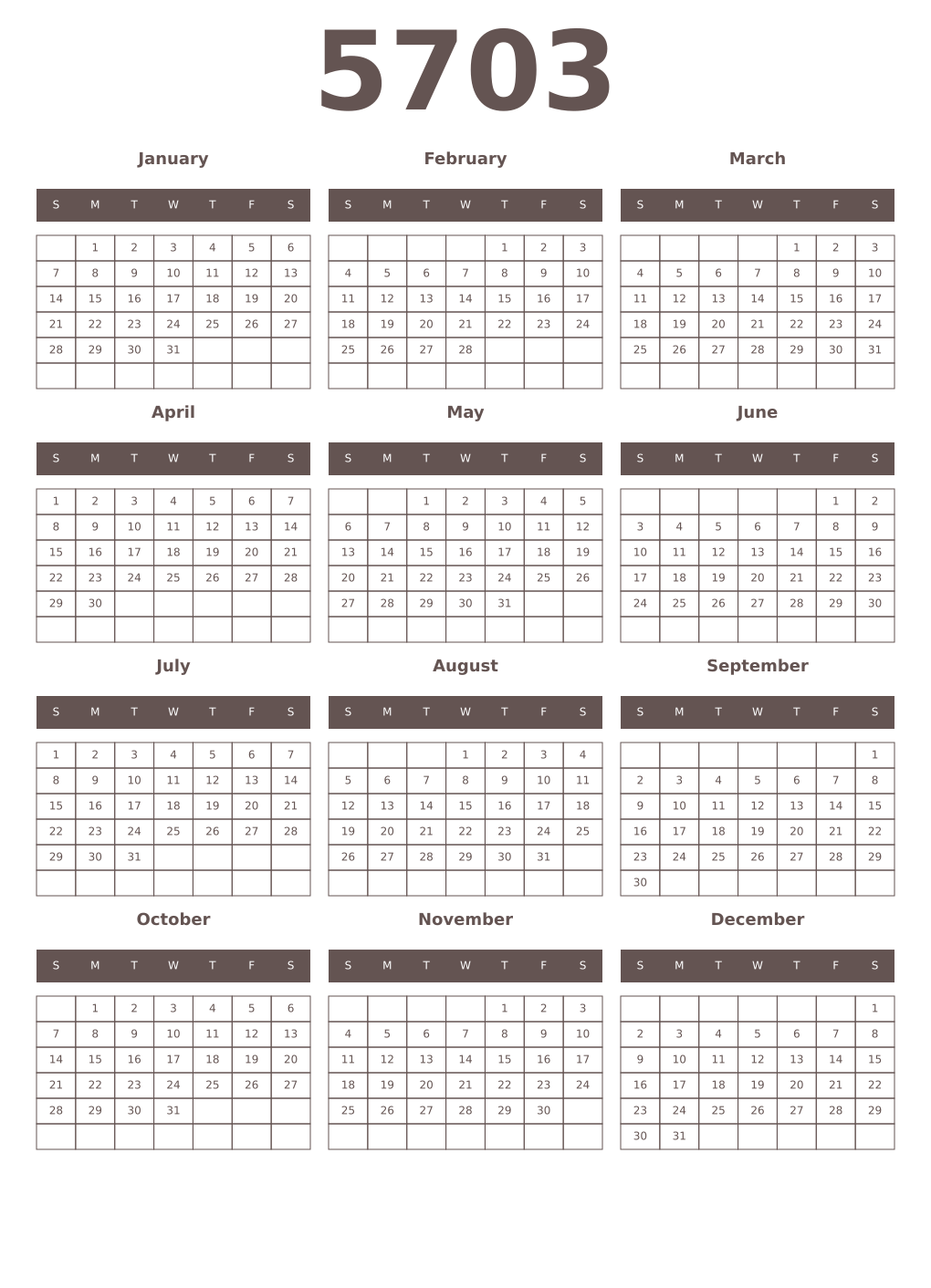 Printable 5703 Year Calendars wenge