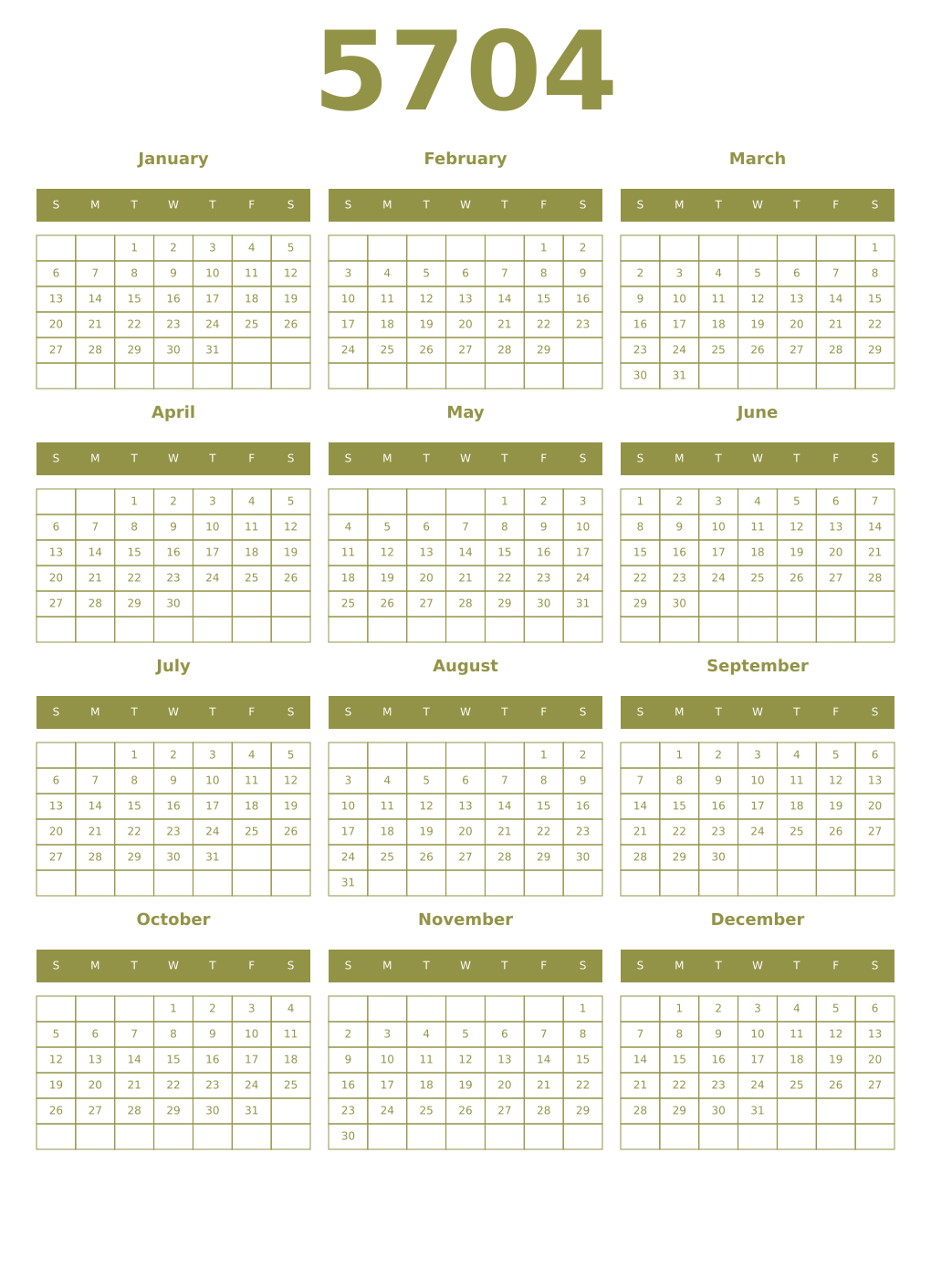 Printable 5704 Year Calendars eburnean