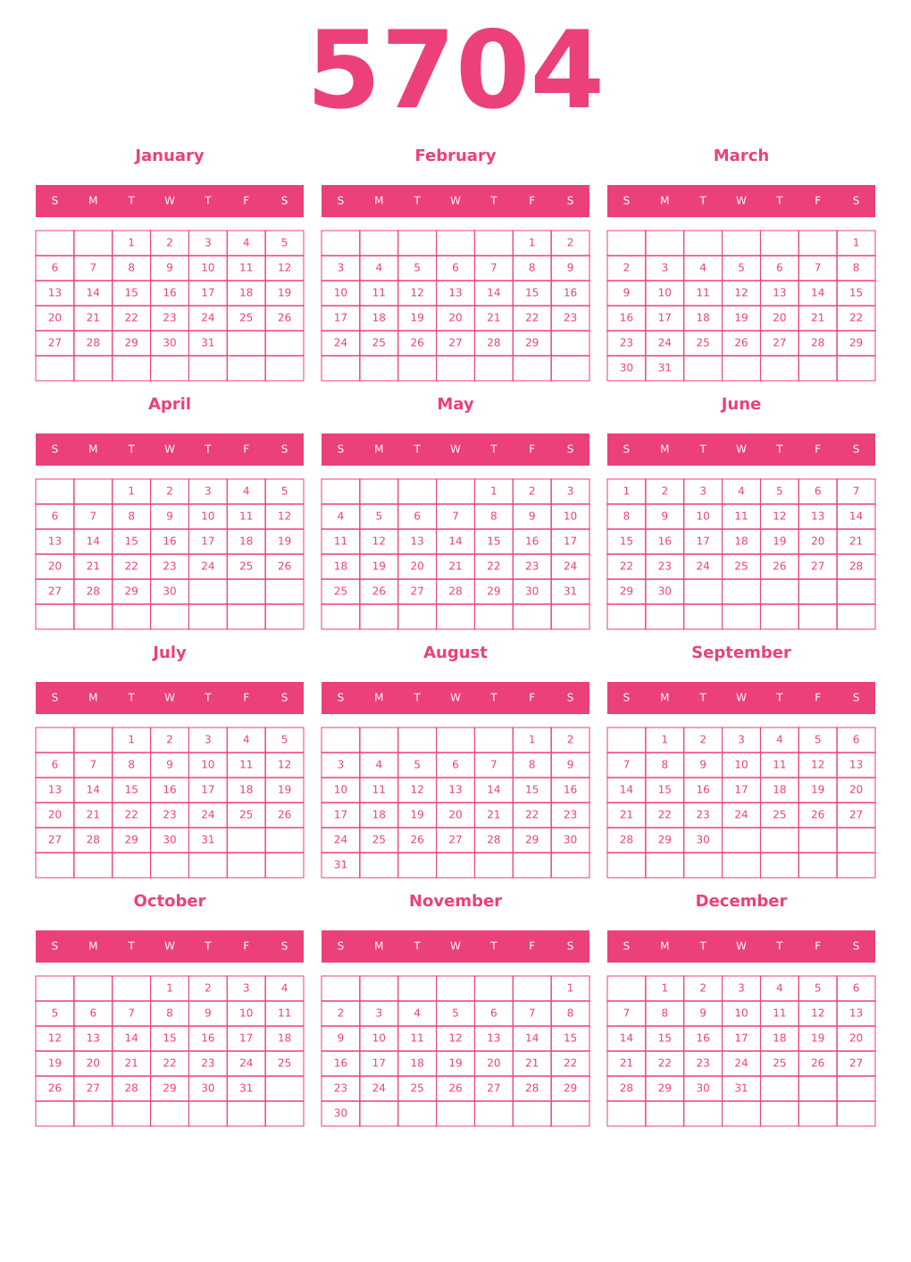 Printable 5704 Year Calendars pink