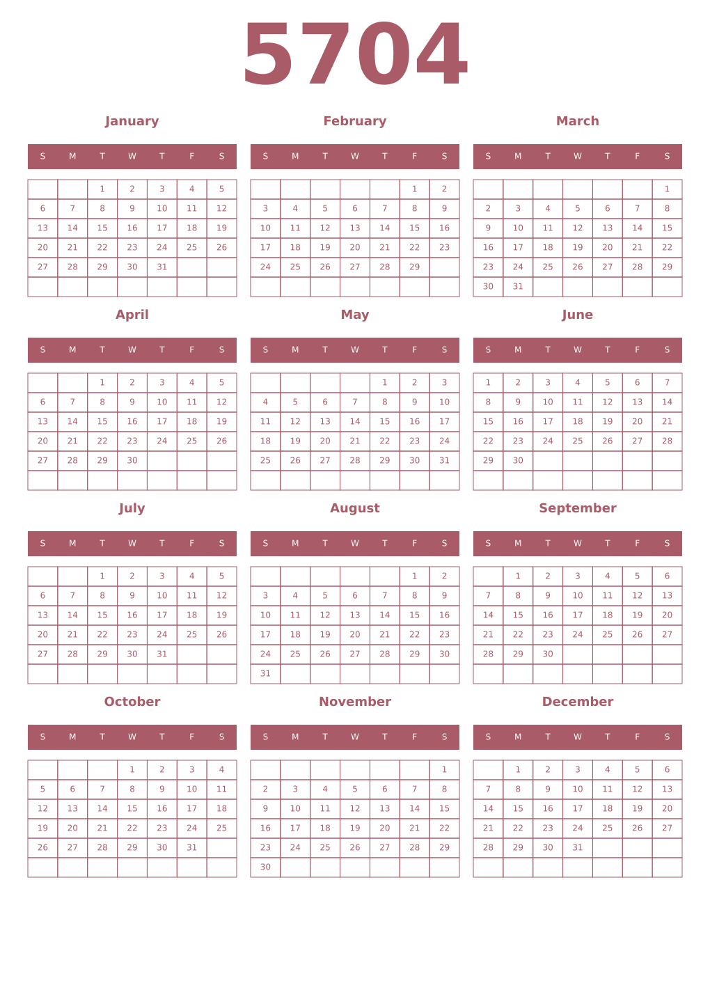 Printable 5704 Year Calendars puce