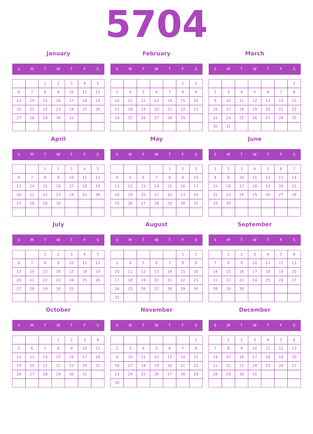 Printable 5704 Year Calendars purple