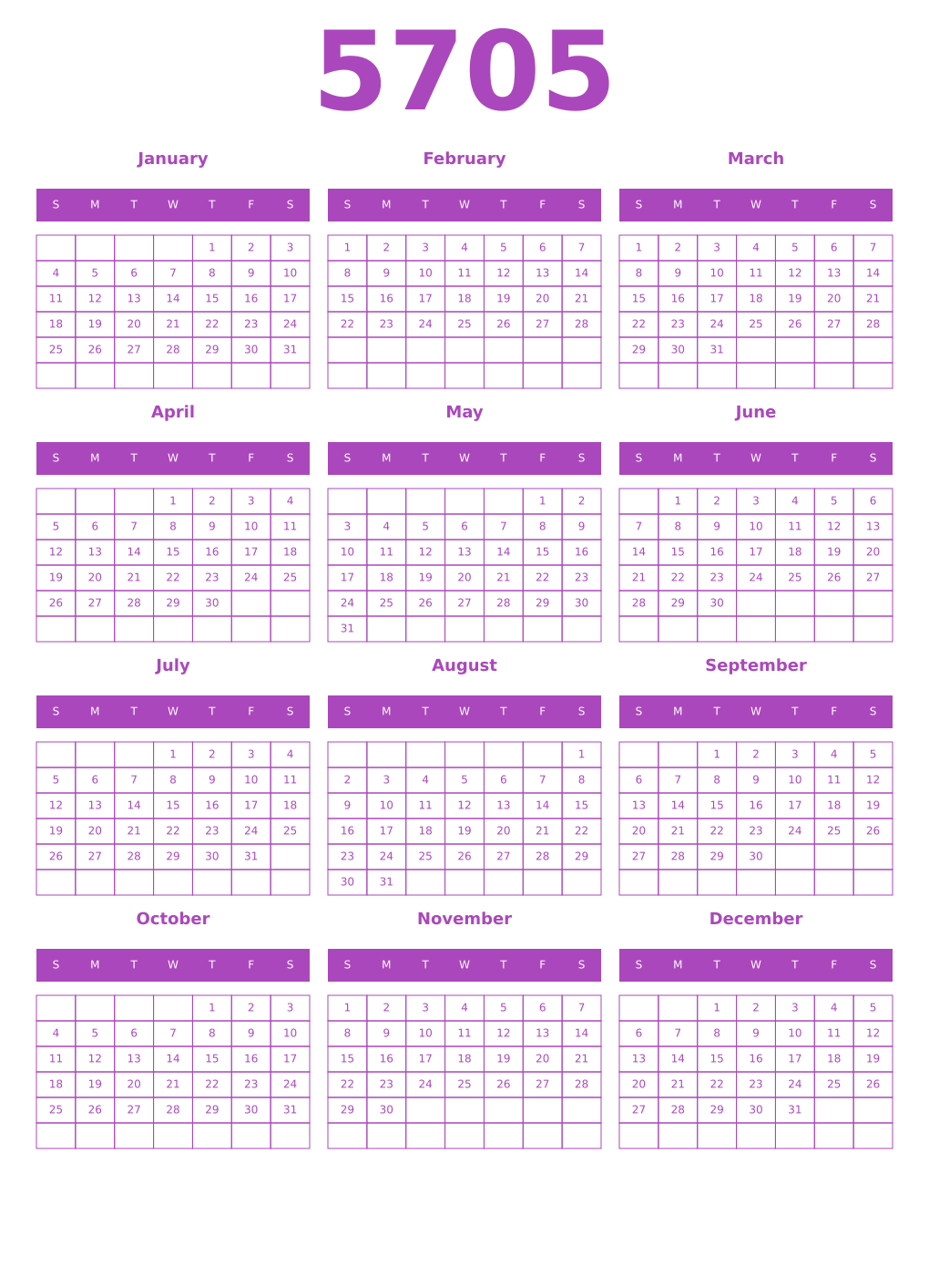Printable 5705 Calendars