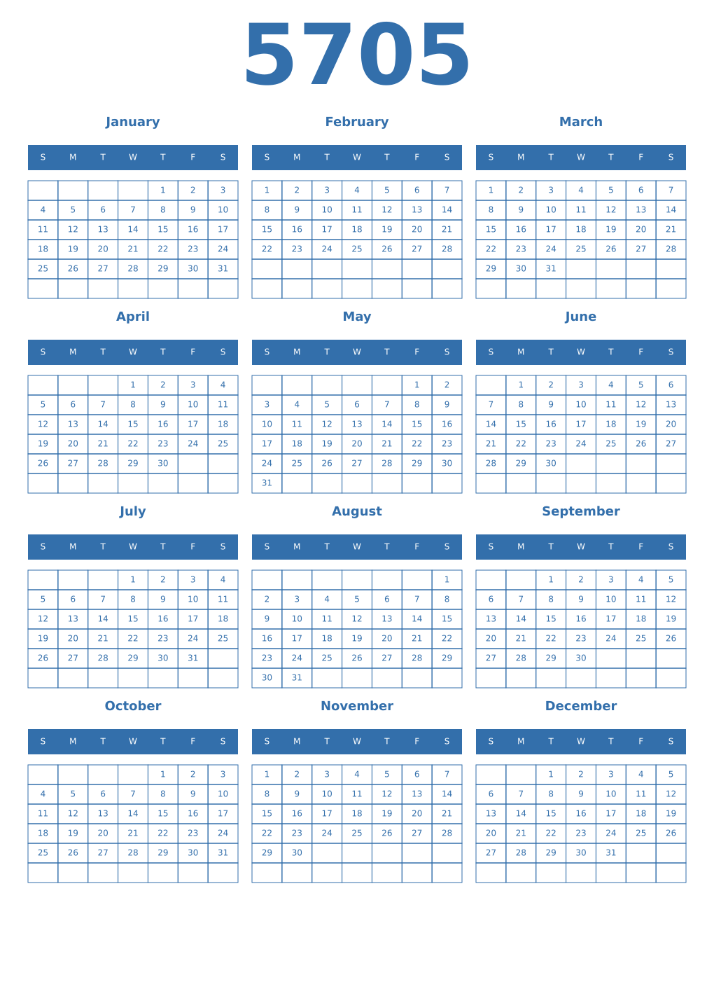 Printable 5705 Year Calendars blue