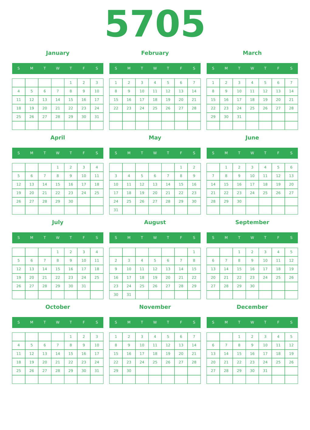 Printable 5705 Year Calendars green