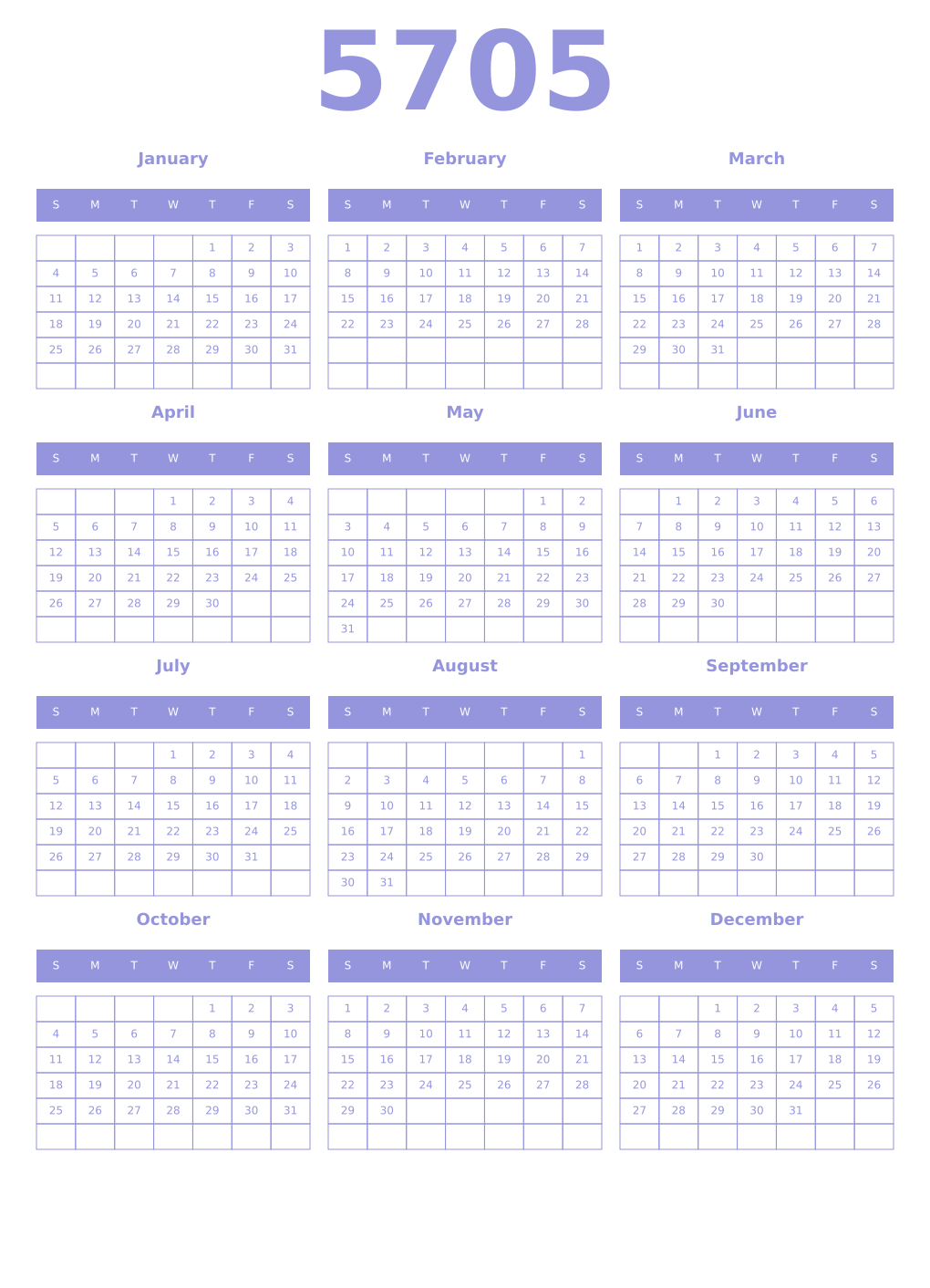 Printable 5705 Year Calendars periwinkle