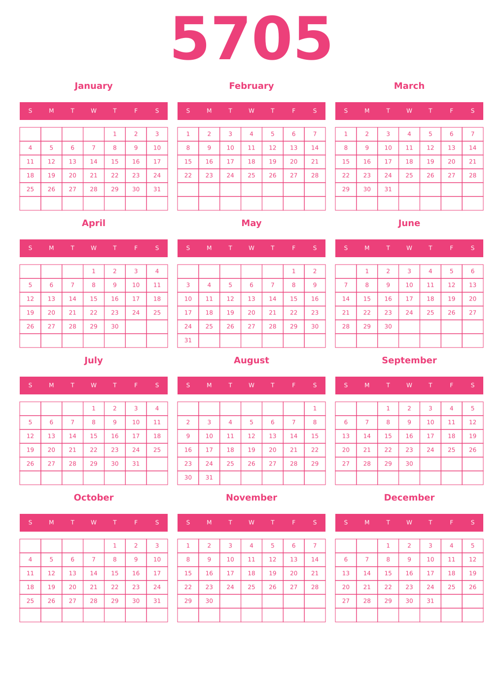 Printable 5705 Year Calendars pink