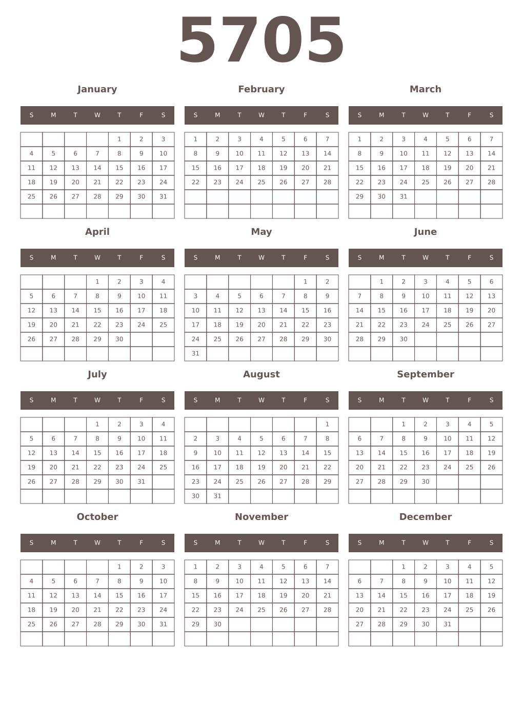 Printable 5705 Year Calendars wenge