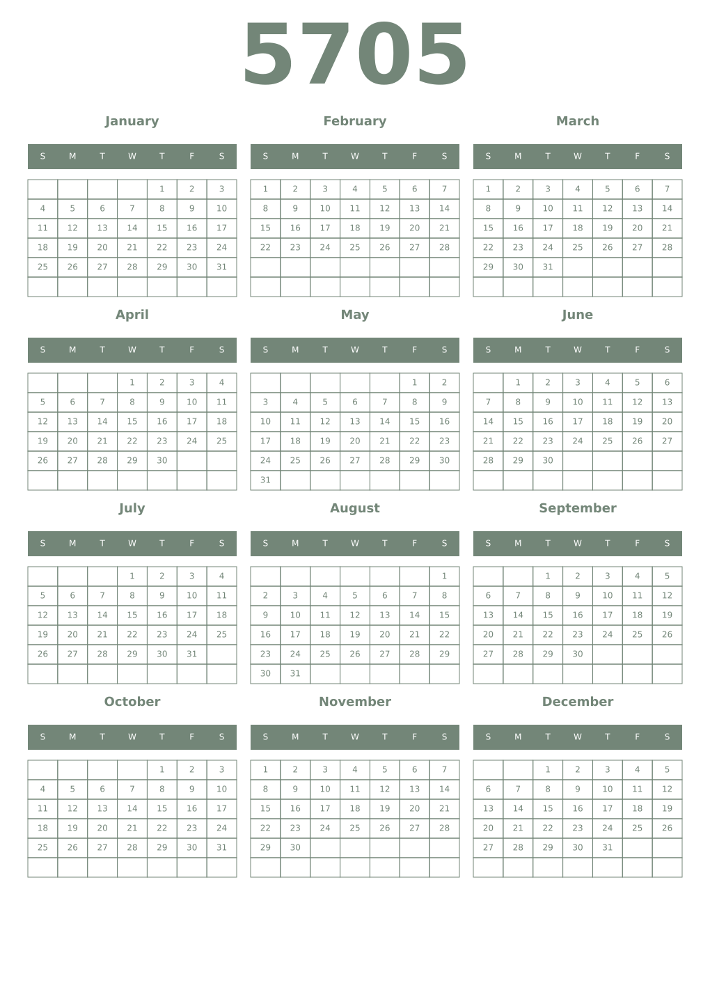 Printable 5705 Year Calendars xanadu