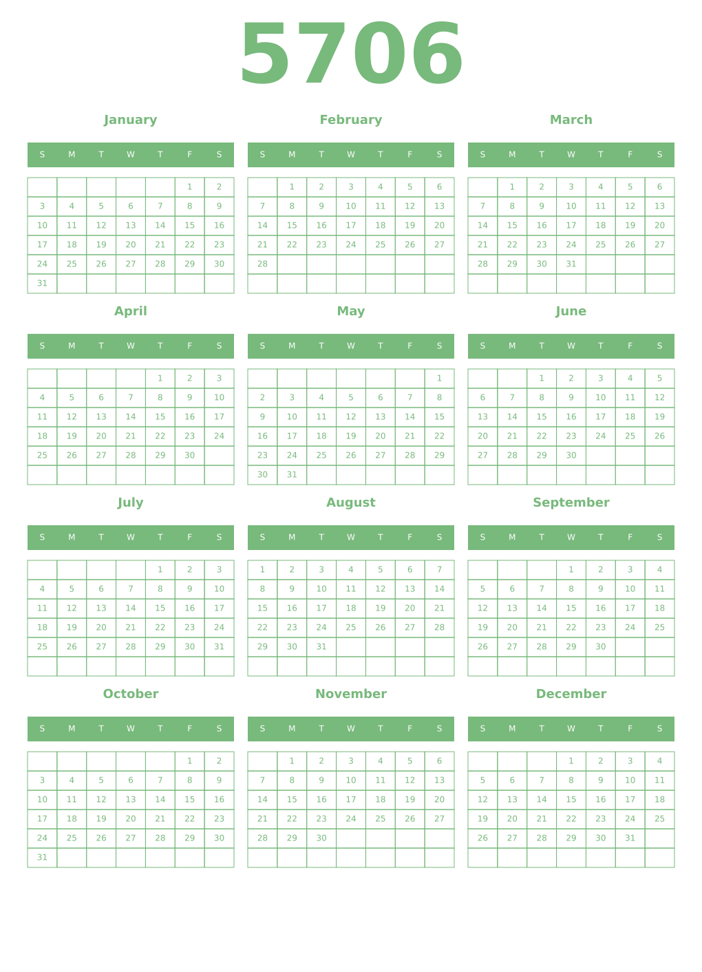 Printable 5706 Year Calendars celadon