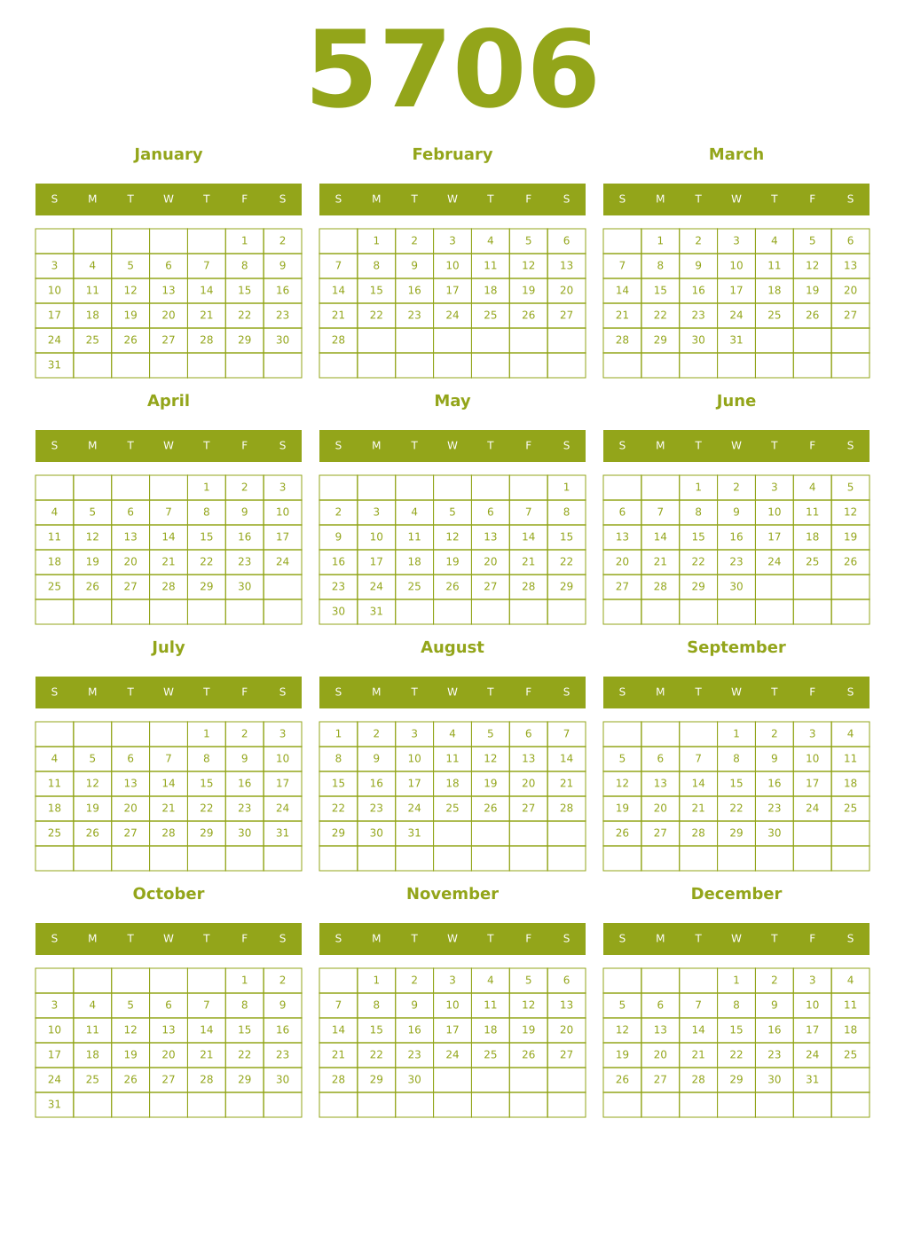 Printable 5706 Year Calendars chartreuse