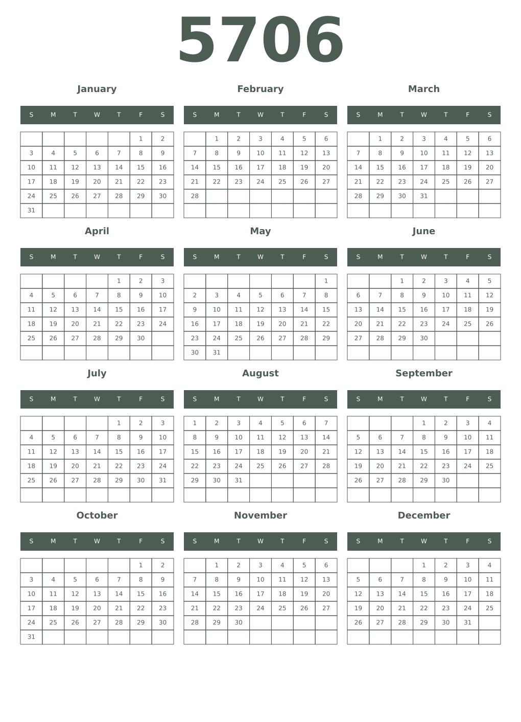 Printable 5706 Year Calendars feldgrau