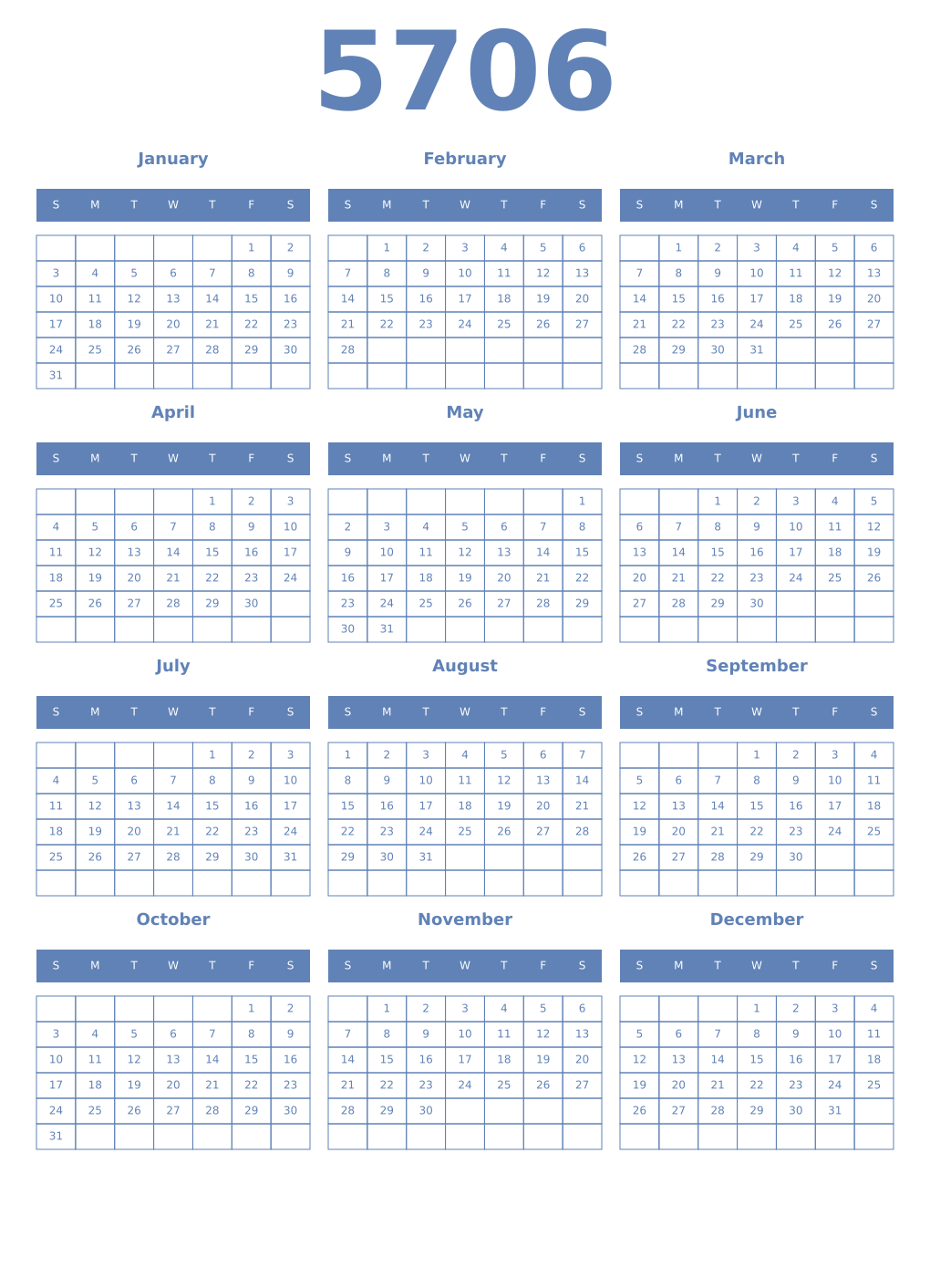 Printable 5706 Year Calendars glaucous