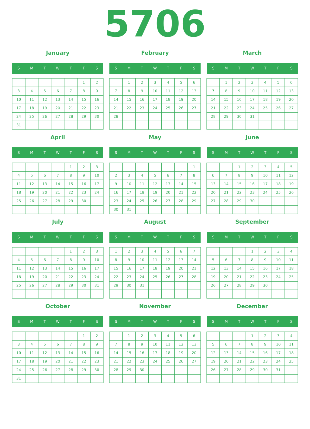 Printable 5706 Year Calendars green