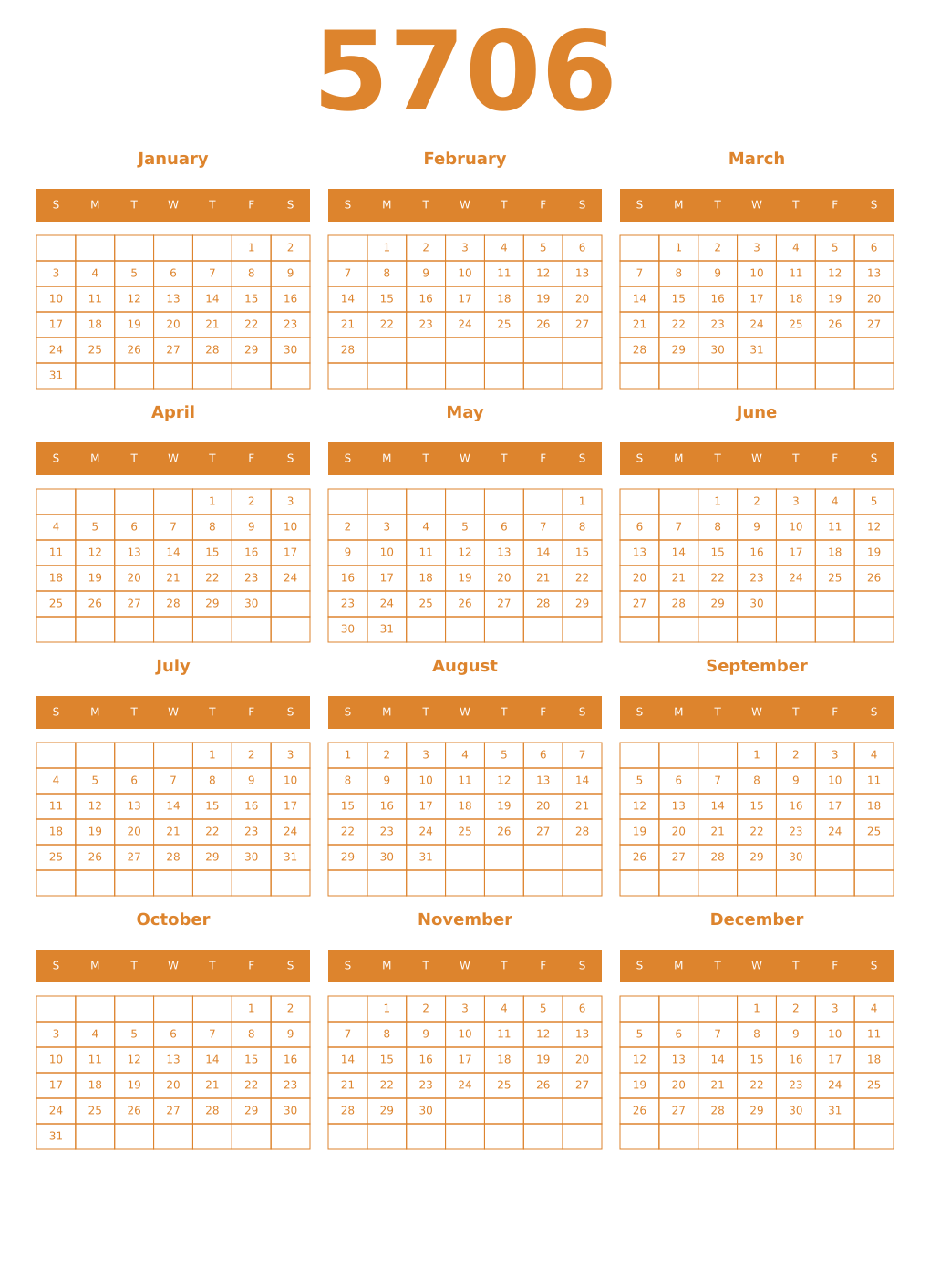 Printable 5706 Year Calendars orange