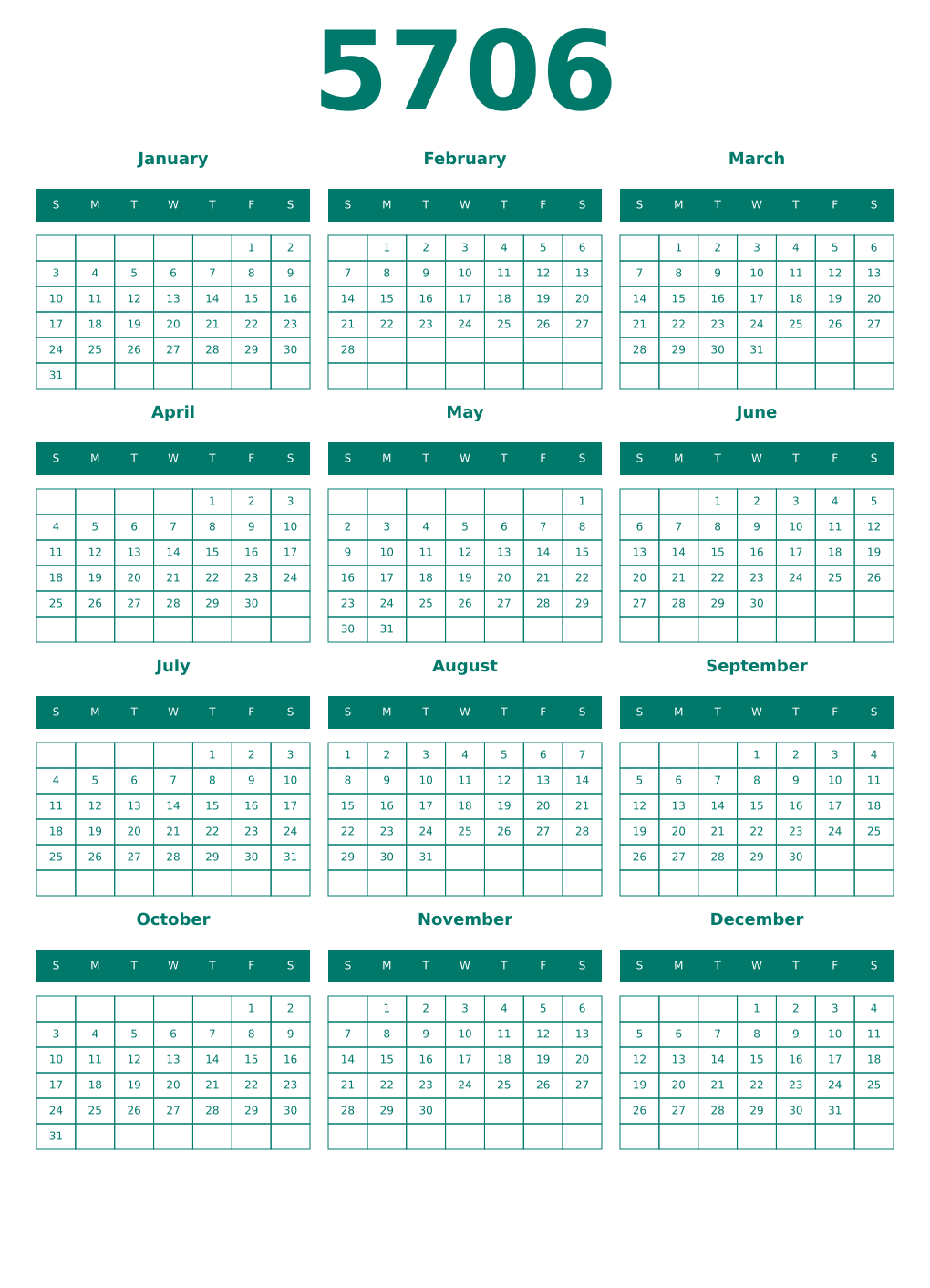 Printable 5706 Year Calendars pastel
