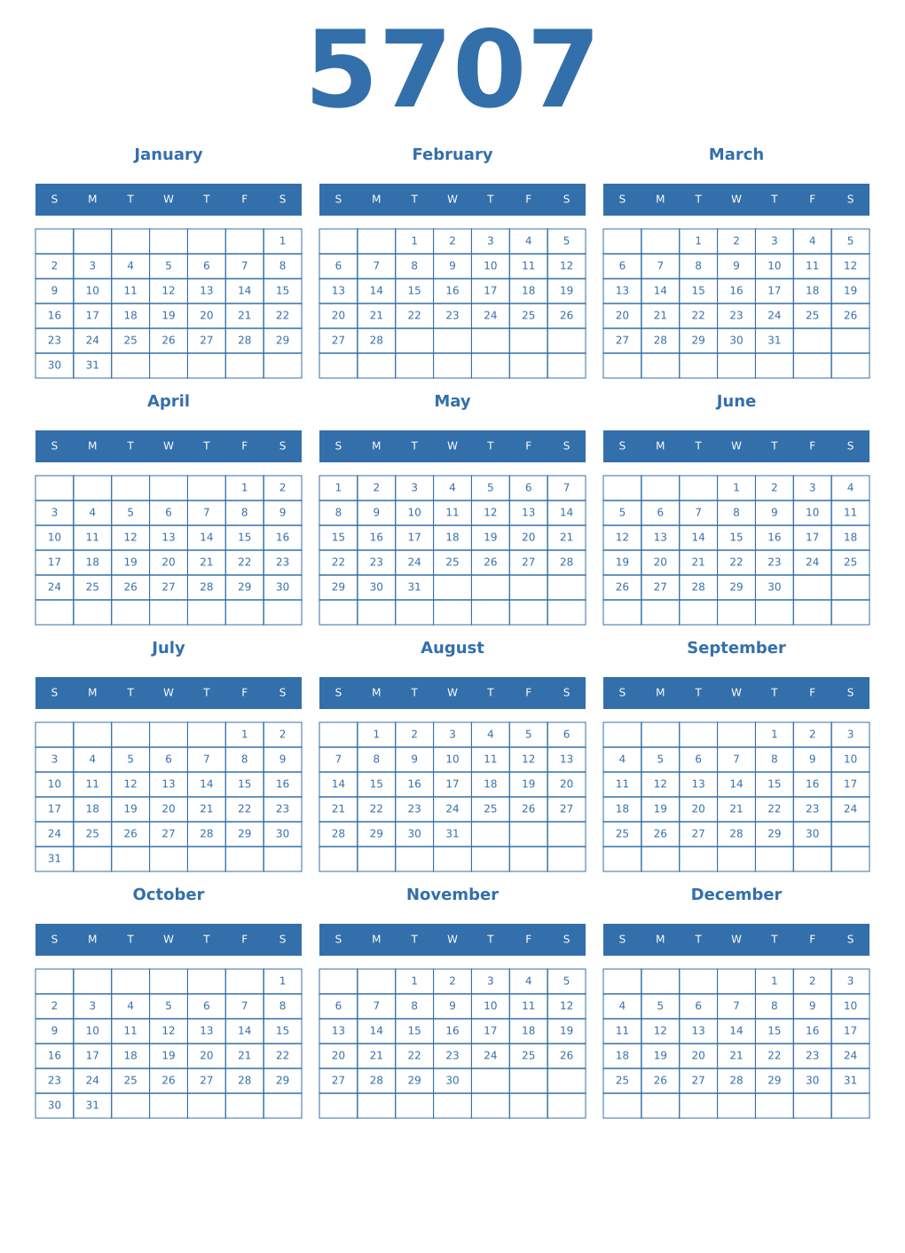 Printable 5707 Year Calendars blue