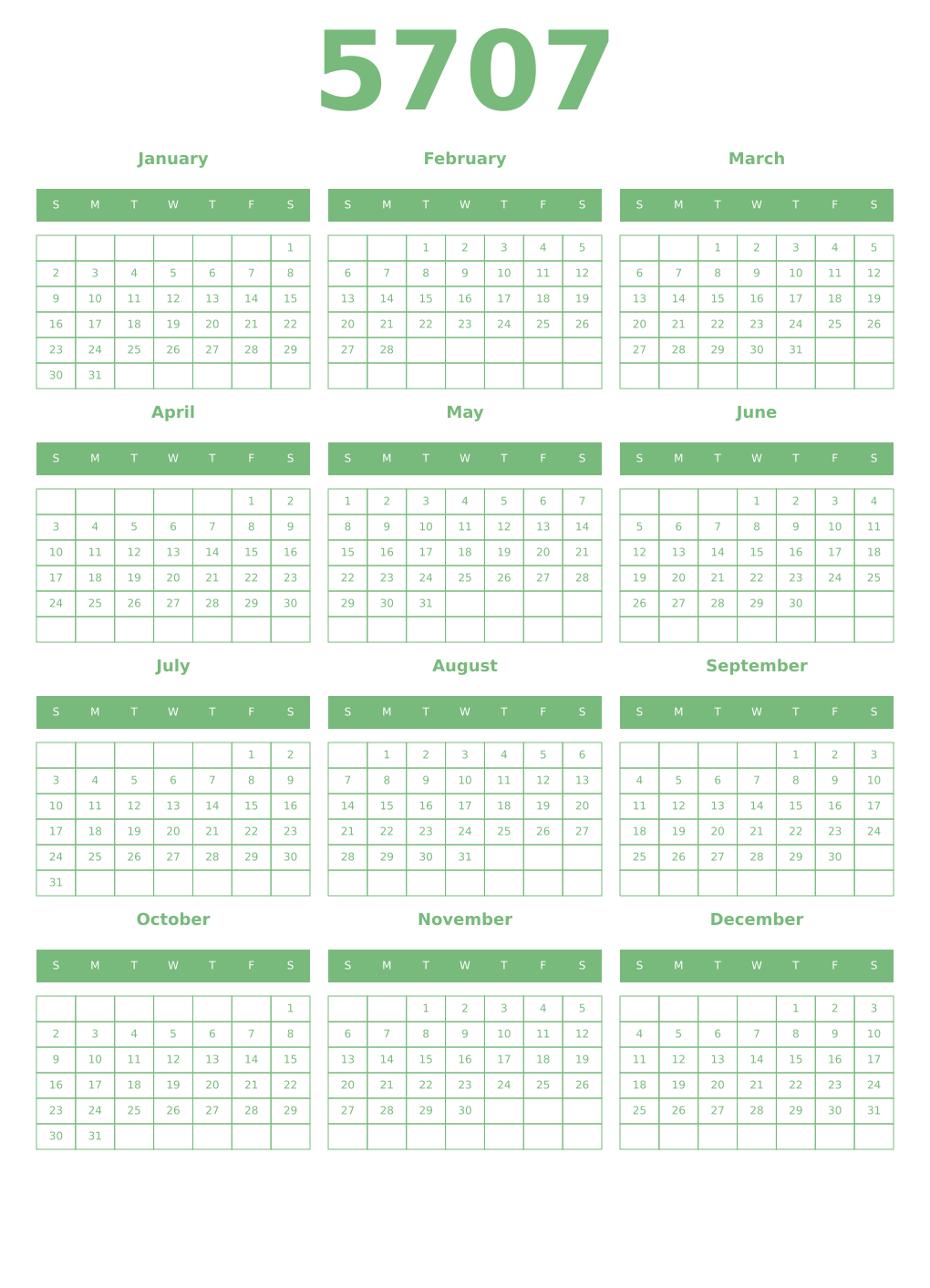 Printable 5707 Year Calendars celadon