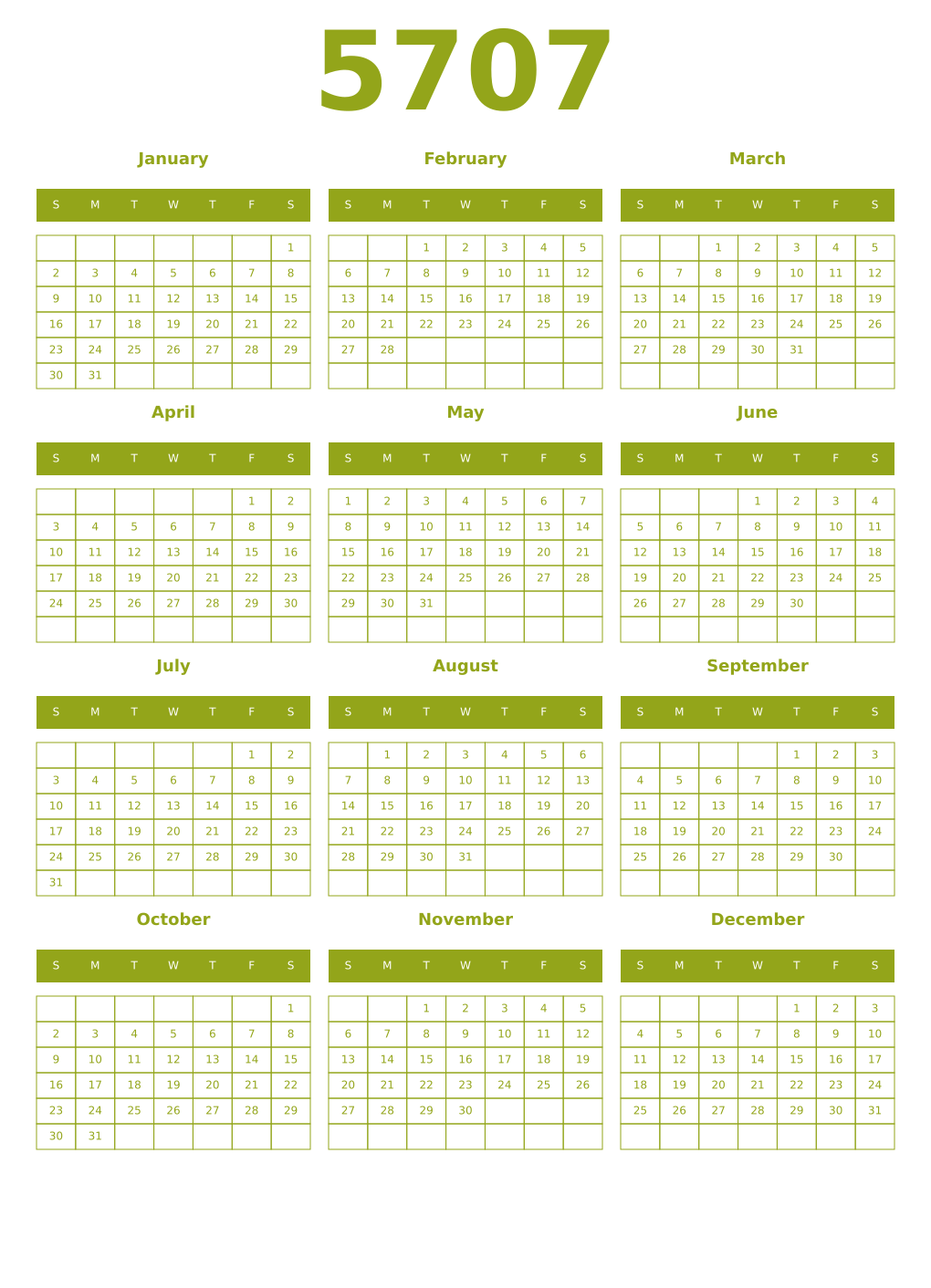 Printable 5707 Year Calendars chartreuse