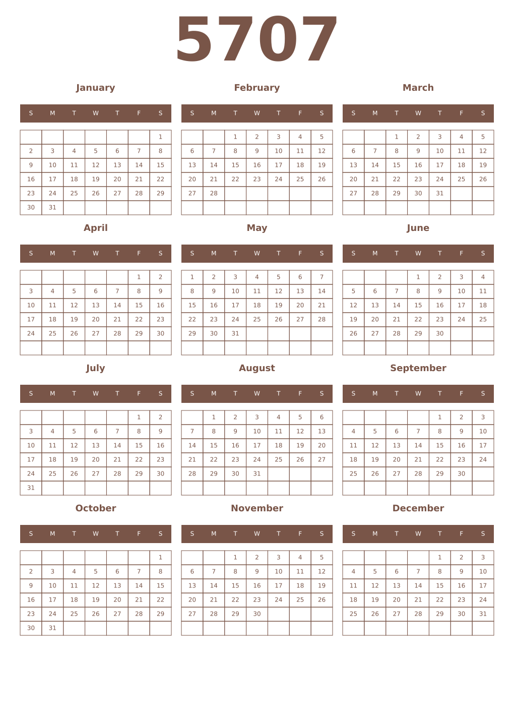 Printable 5707 Year Calendars coffe