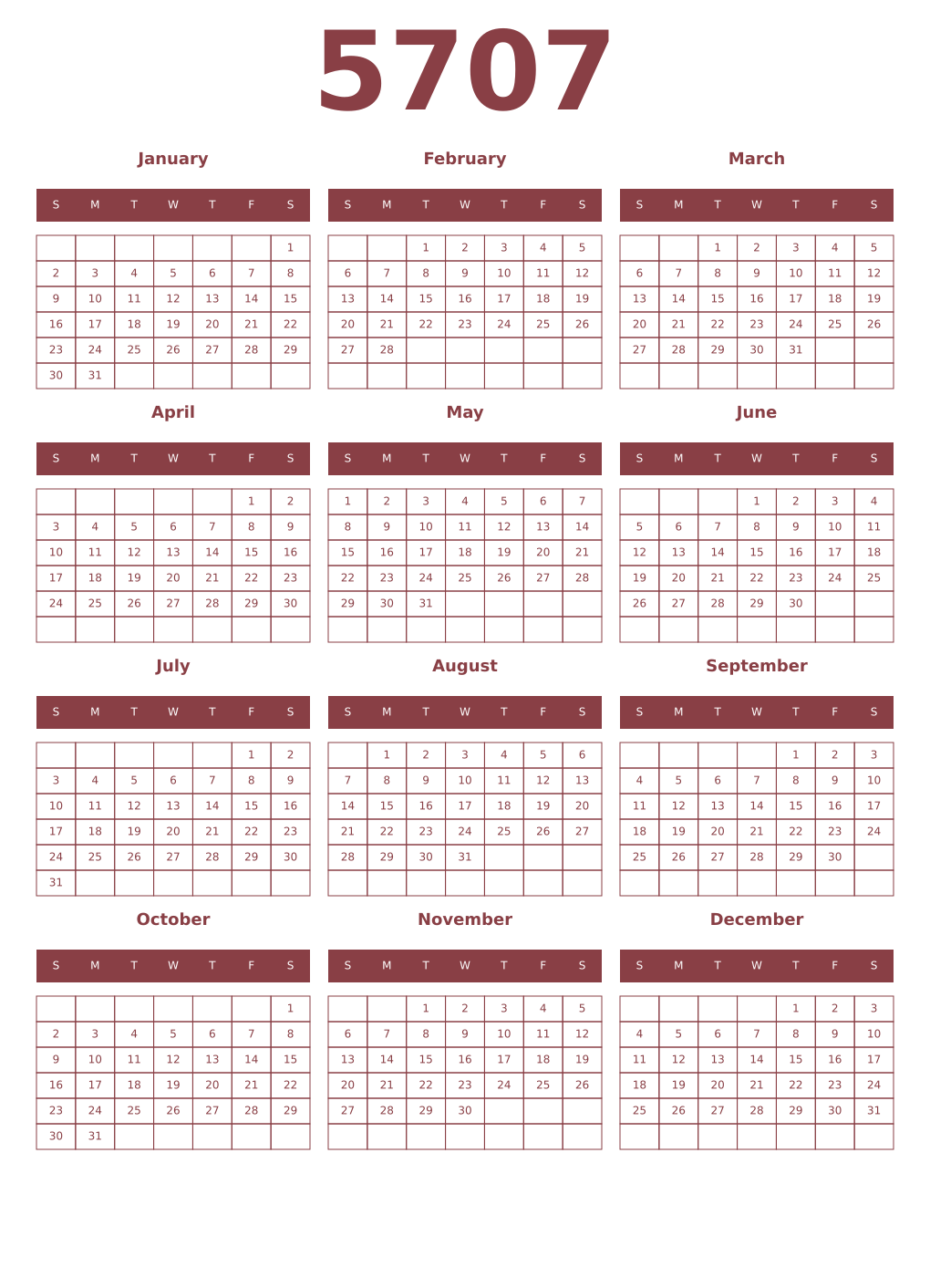 Printable 5707 Year Calendars cordovan