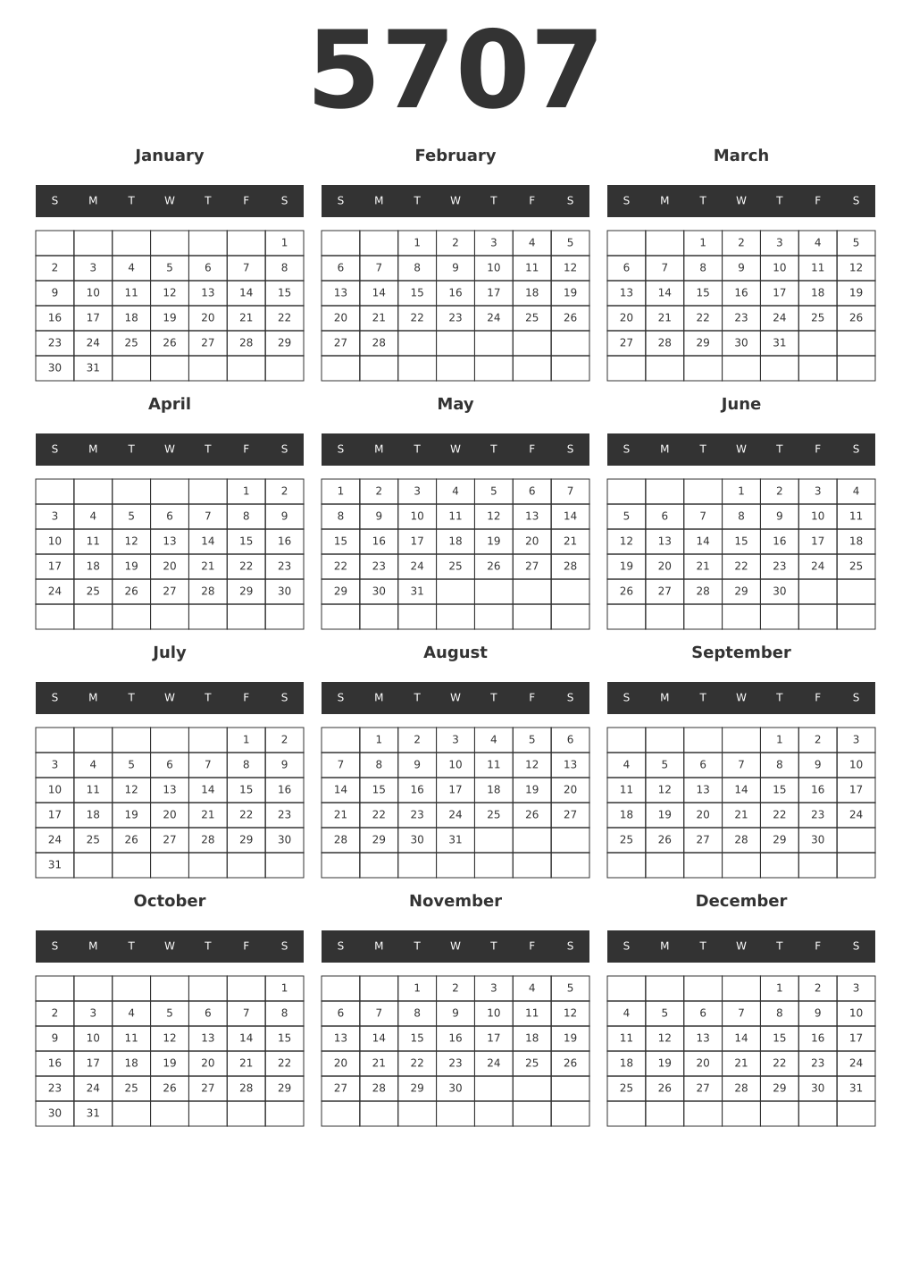 Printable 5707 Year Calendars dark