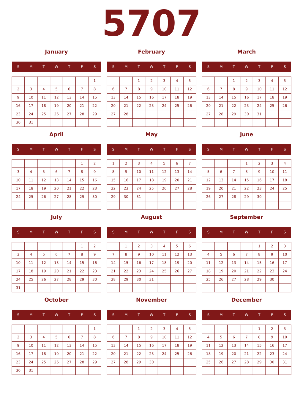 Printable 5707 Year Calendars falu