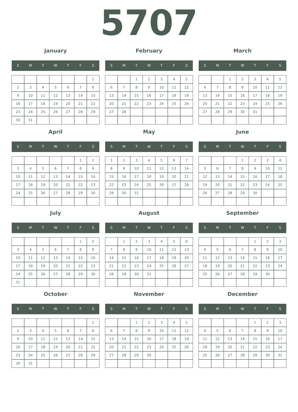 Printable 5707 Year Calendars feldgrau