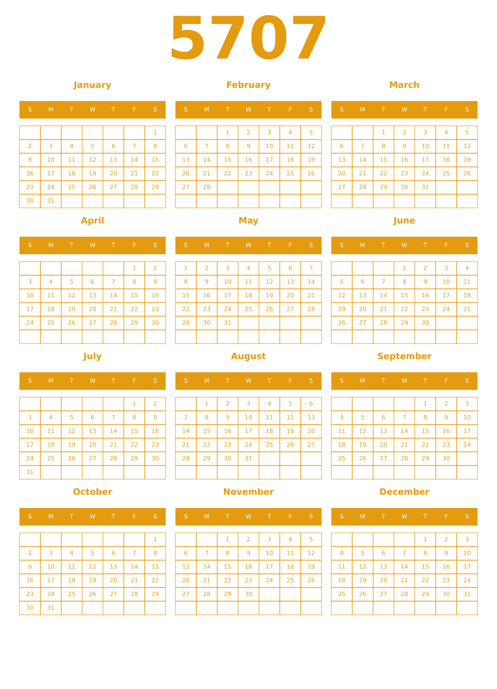 Printable 5707 Year Calendars gamboge