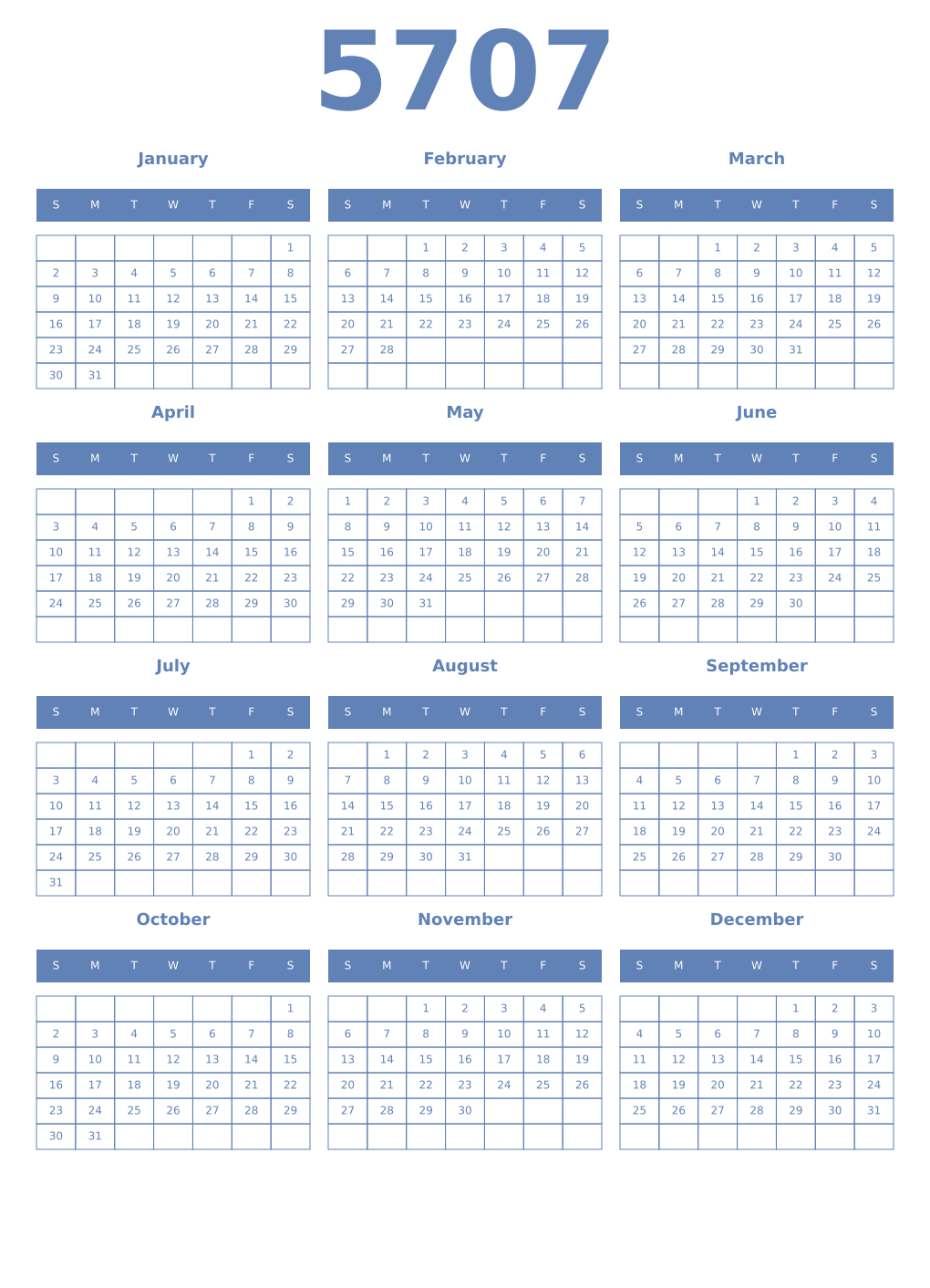 Printable 5707 Year Calendars glaucous
