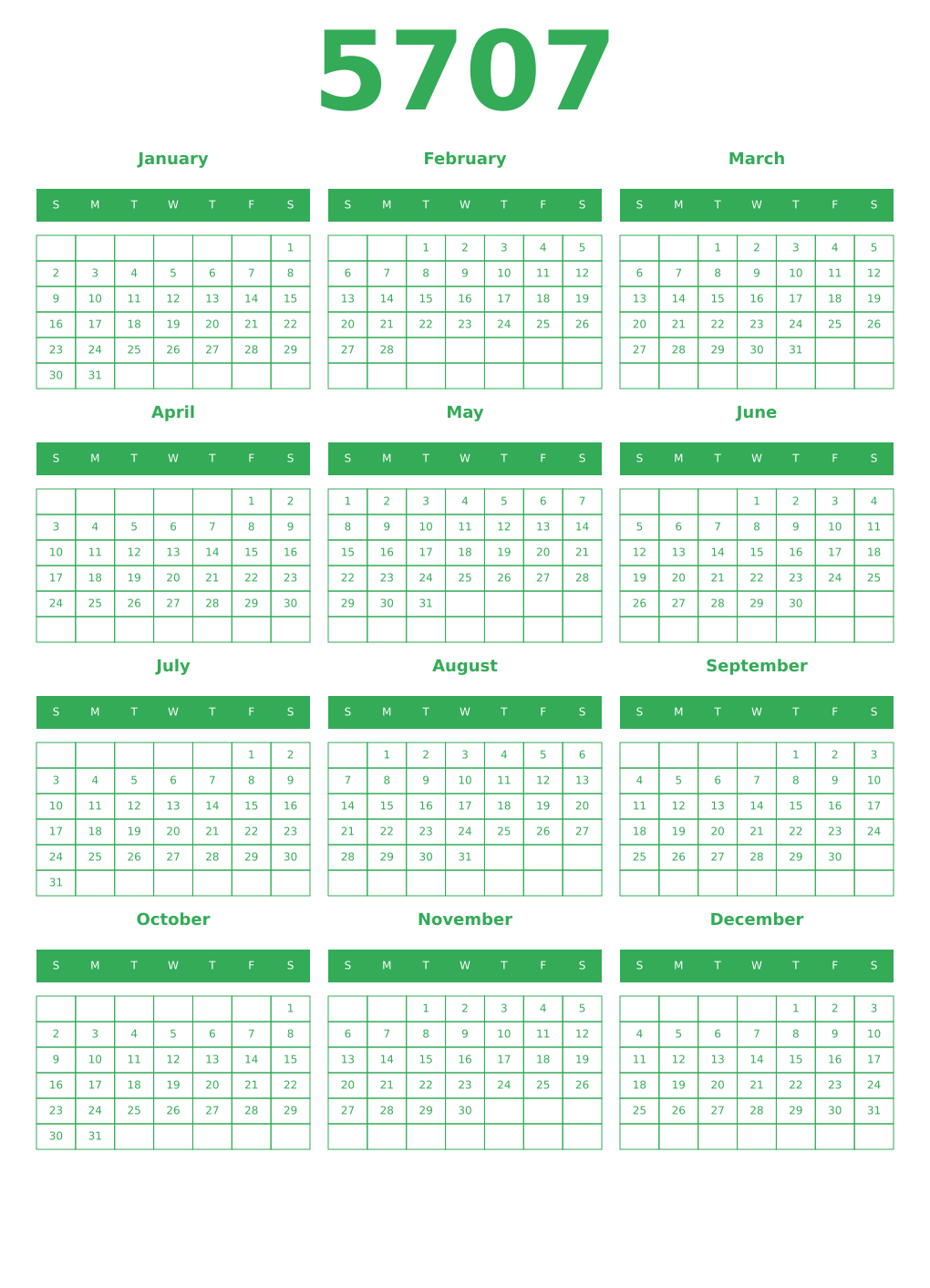 Printable 5707 Year Calendars green