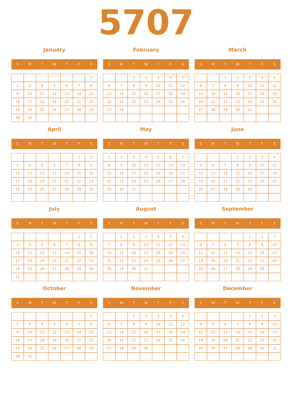 Printable 5707 Year Calendars orange