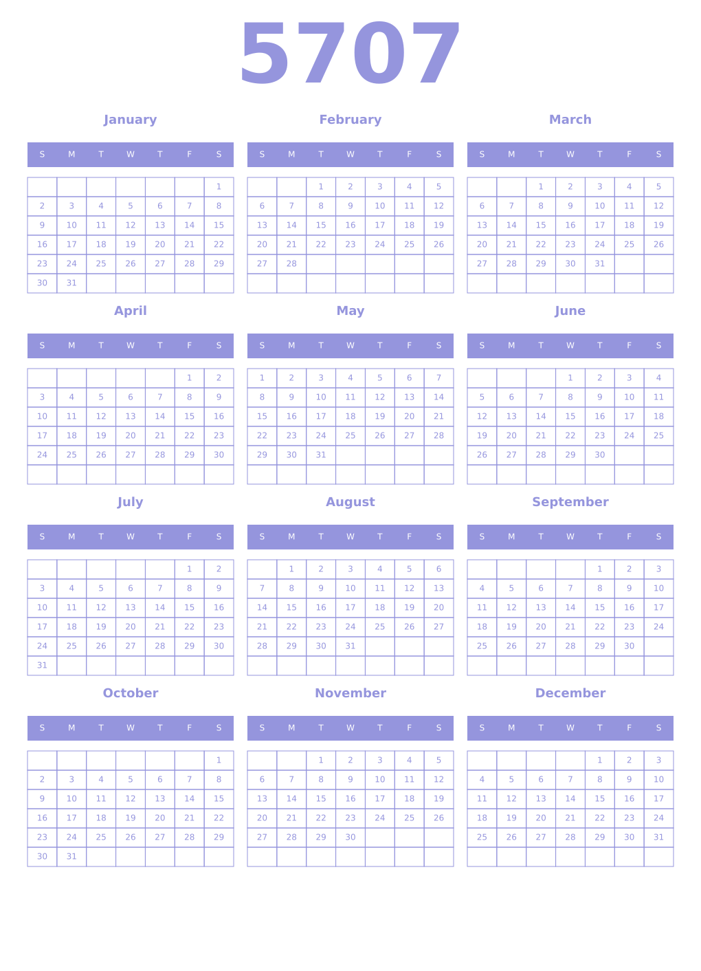 Printable 5707 Year Calendars periwinkle