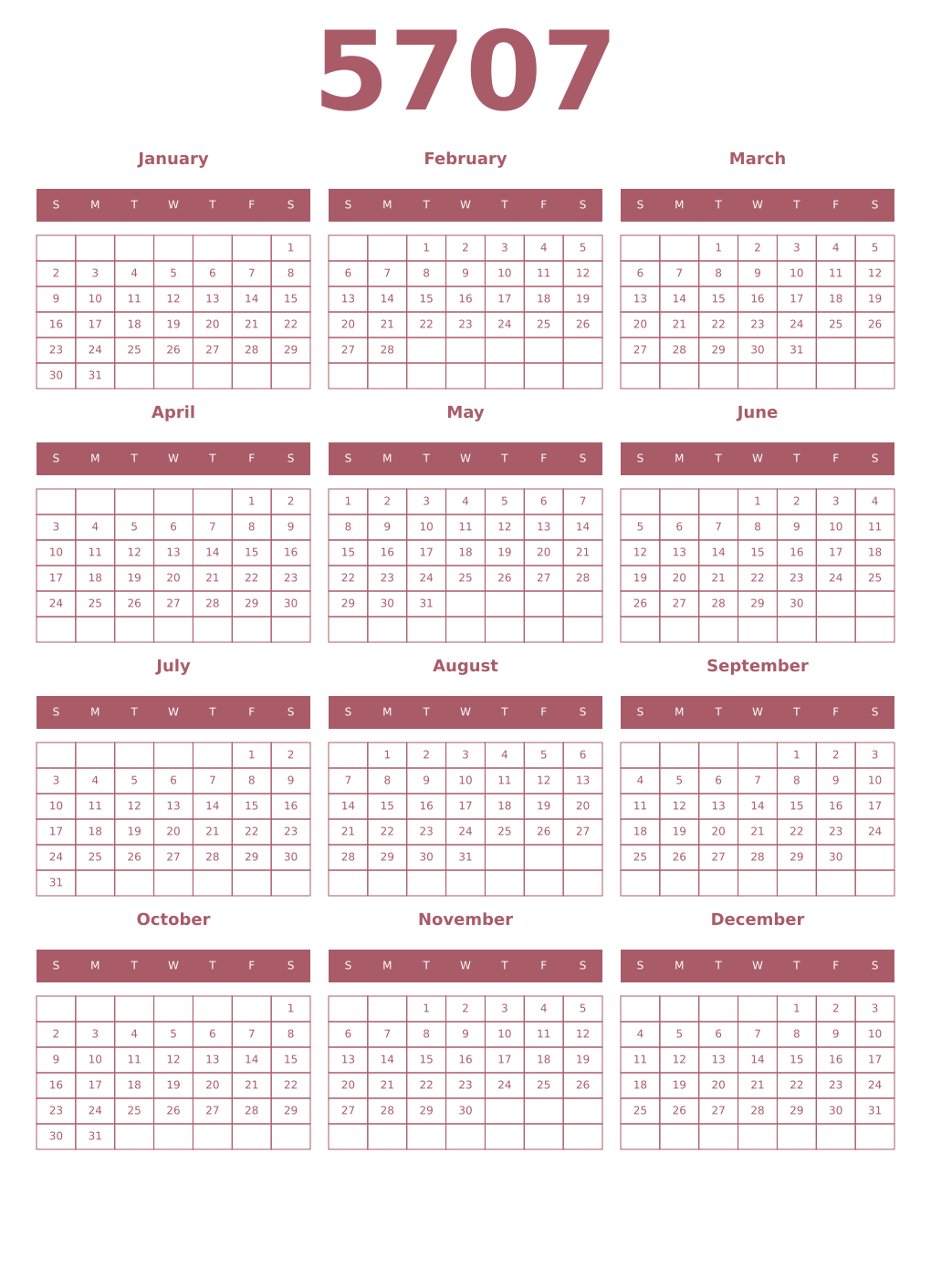 Printable 5707 Year Calendars puce