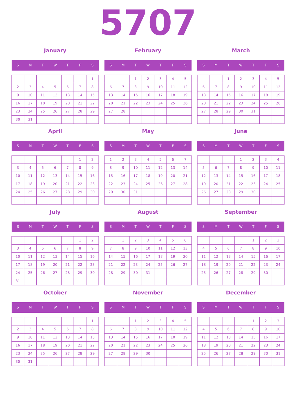 Printable 5707 Year Calendars purple