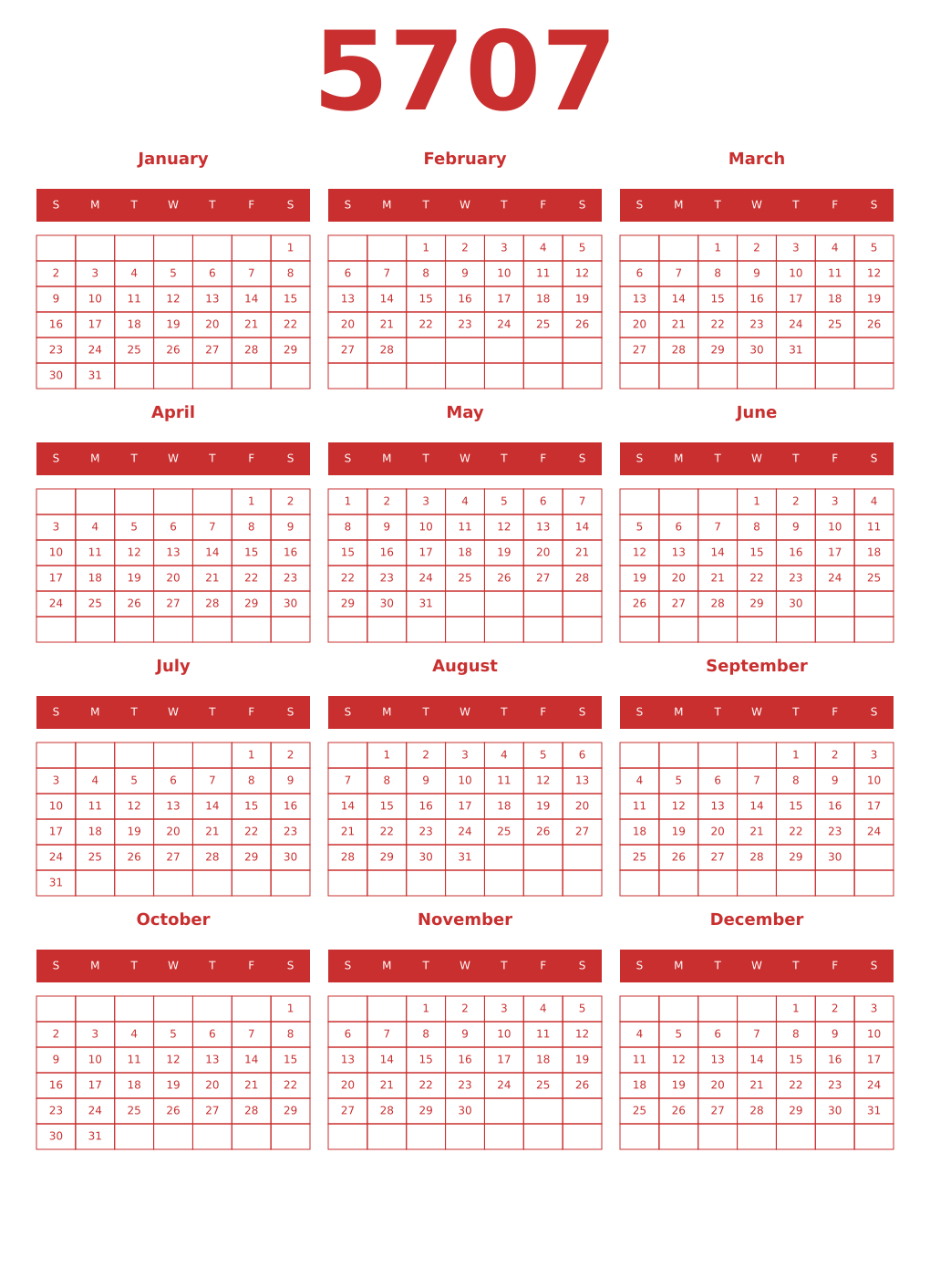 Printable 5707 Year Calendars red
