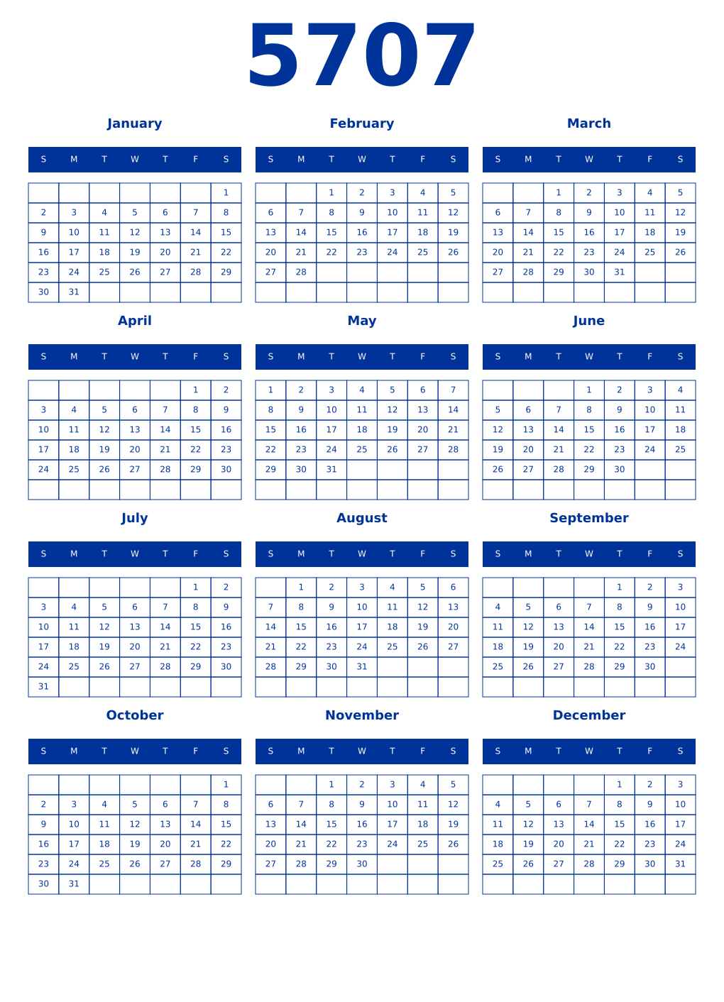 Printable 5707 Year Calendars smalt