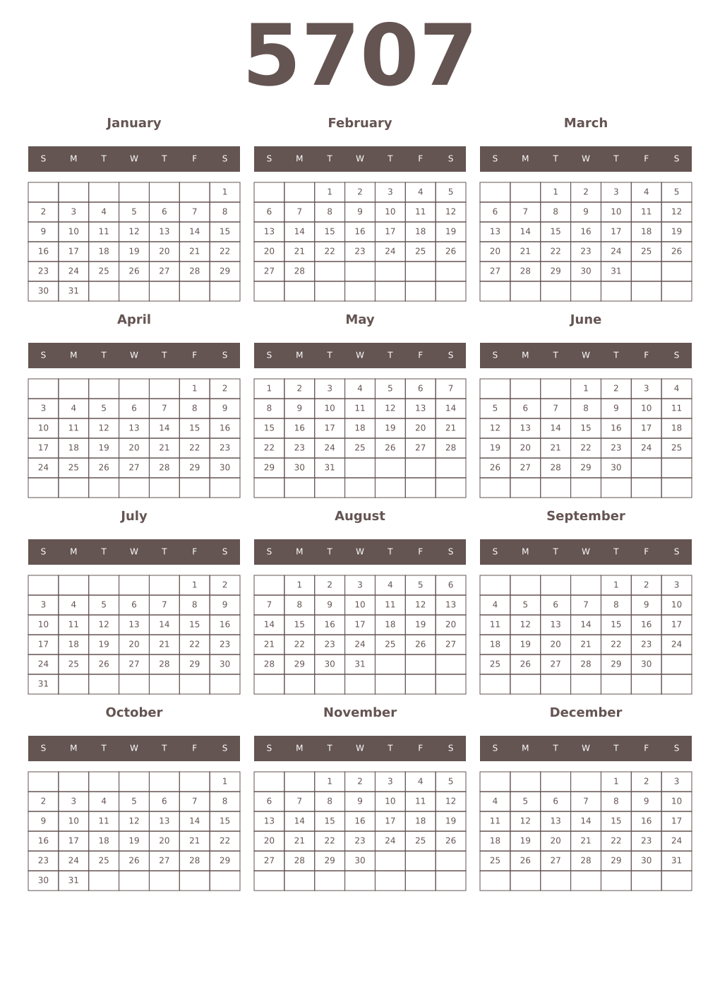 Printable 5707 Year Calendars wenge
