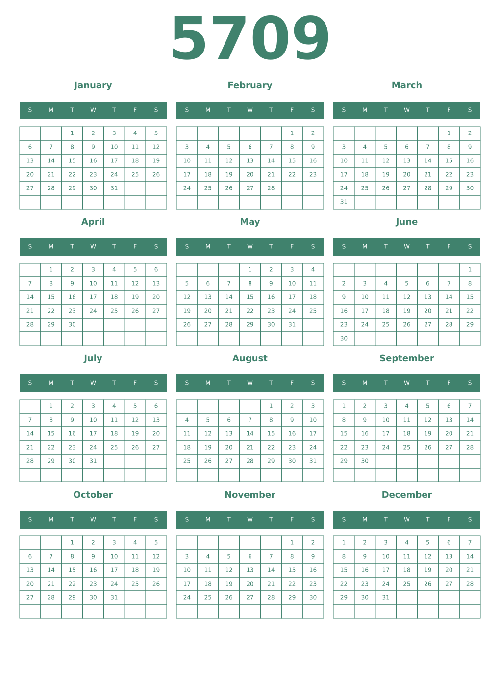 Printable 5709 Year Calendars viridian
