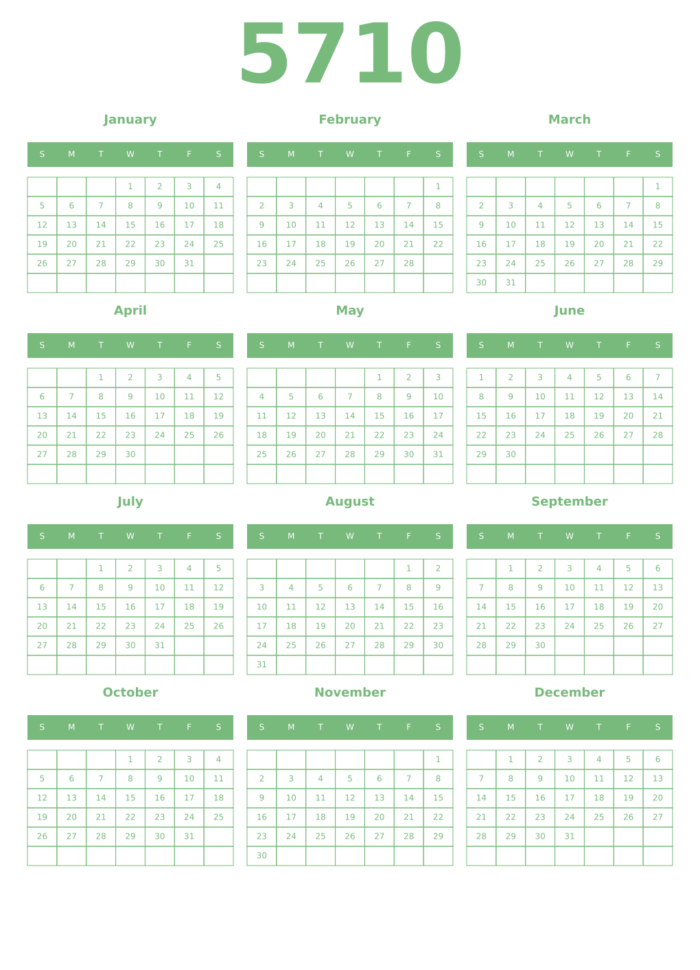 Printable 5710 Year Calendars celadon