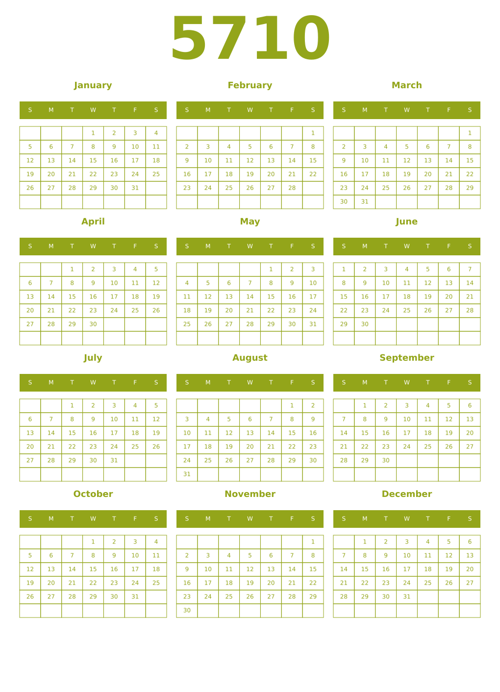Printable 5710 Year Calendars chartreuse