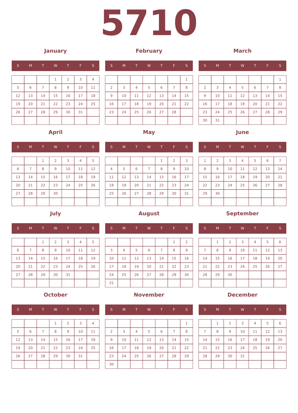 Printable 5710 Year Calendars cordovan