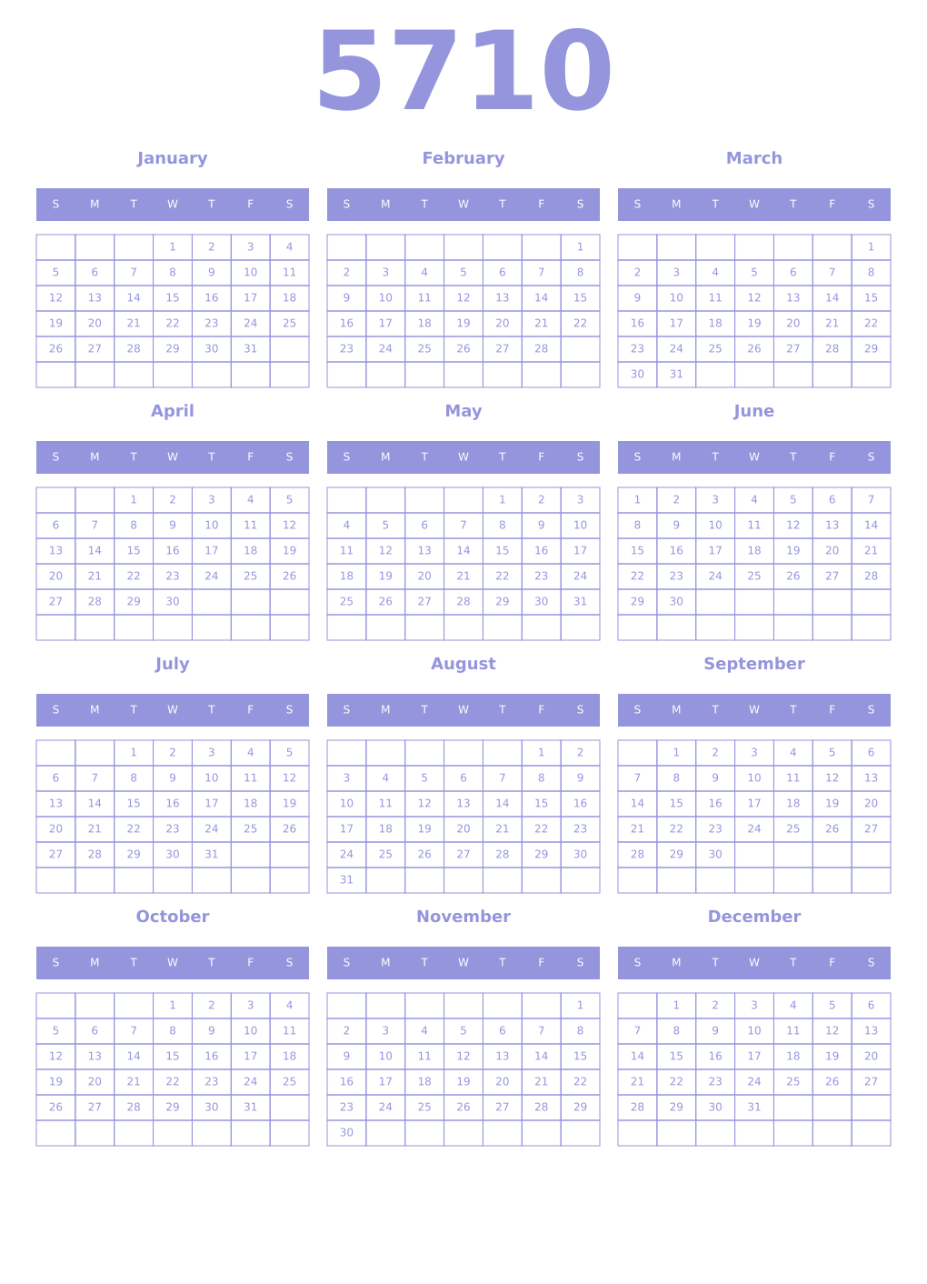 Printable 5710 Year Calendars periwinkle