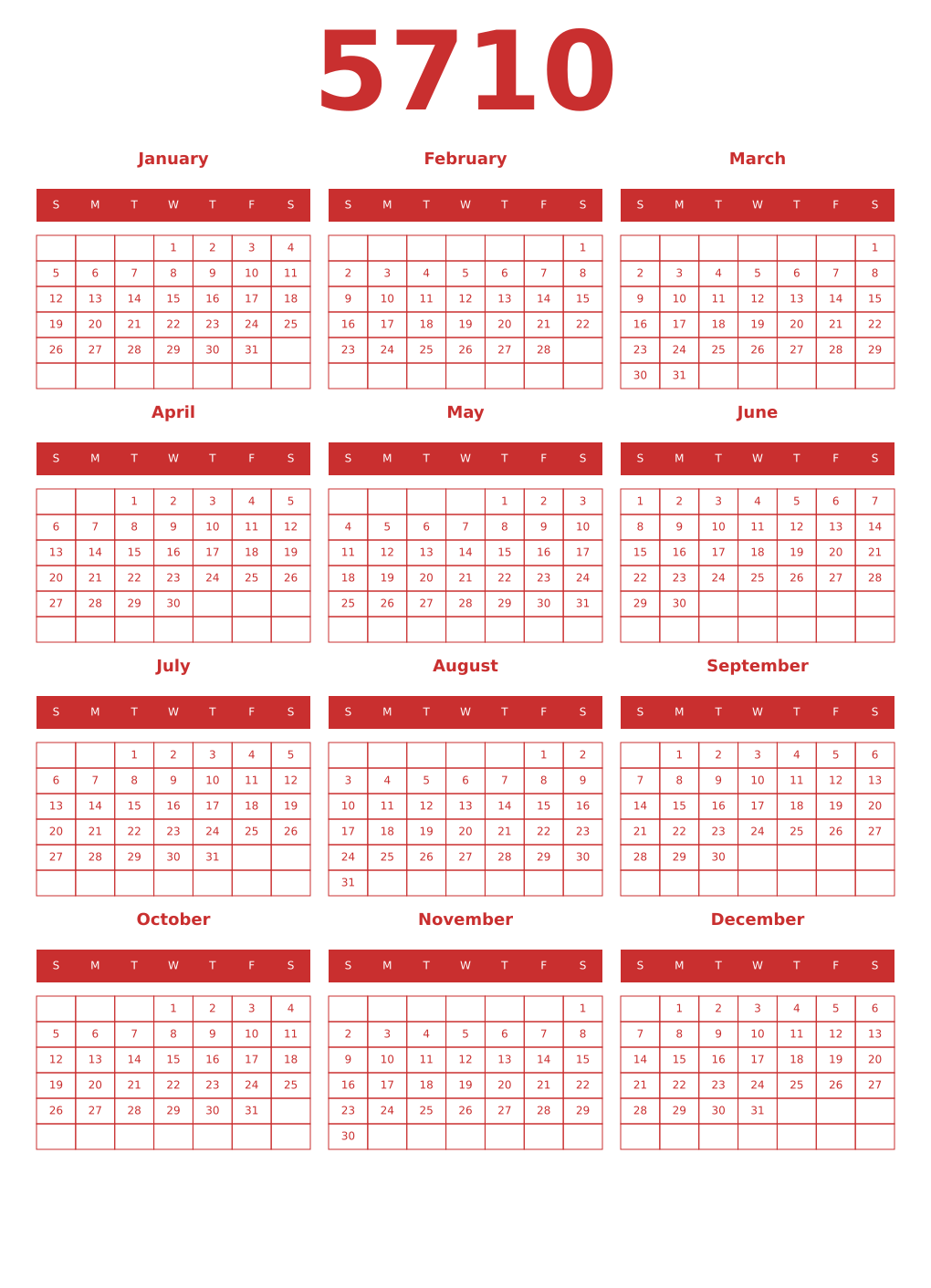 Printable 5710 Year Calendars red