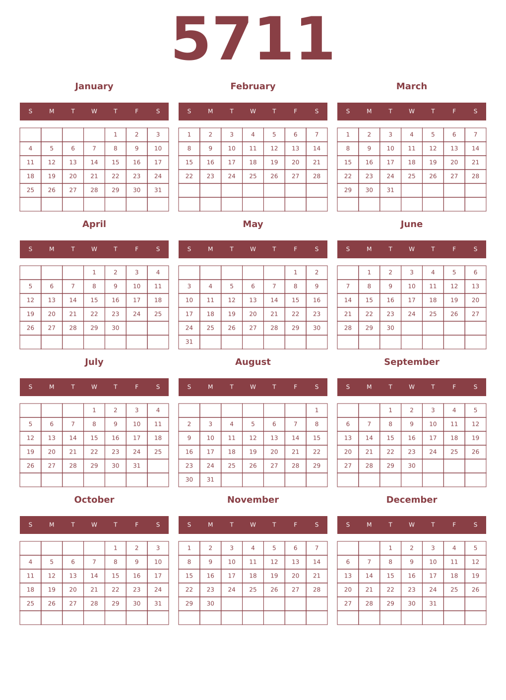 Printable 5711 Year Calendars cordovan