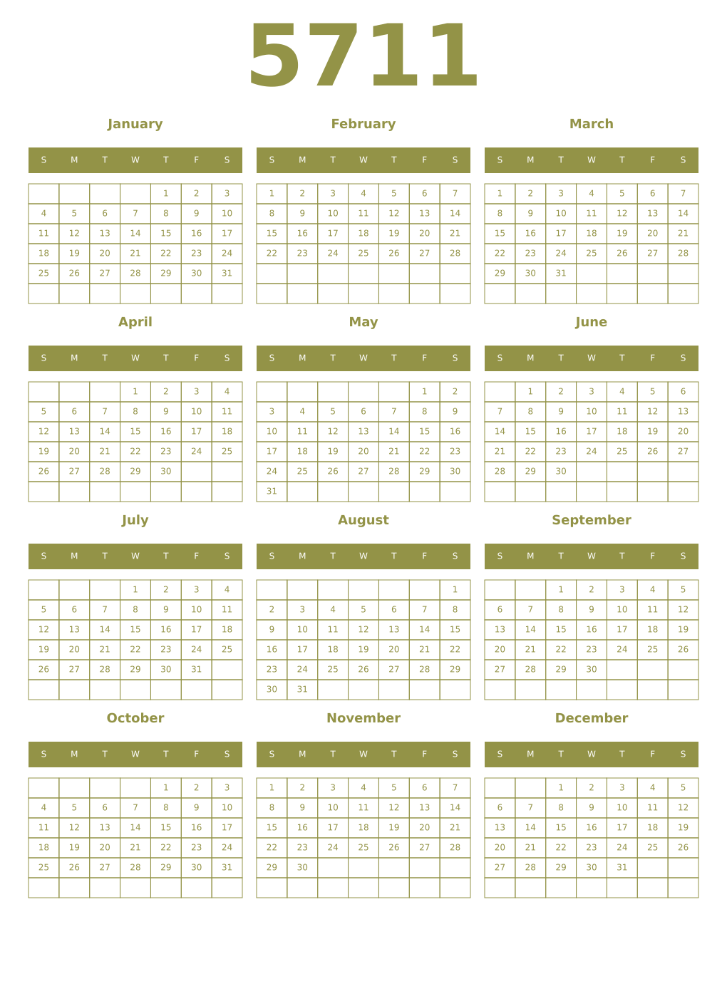 Printable 5711 Year Calendars eburnean