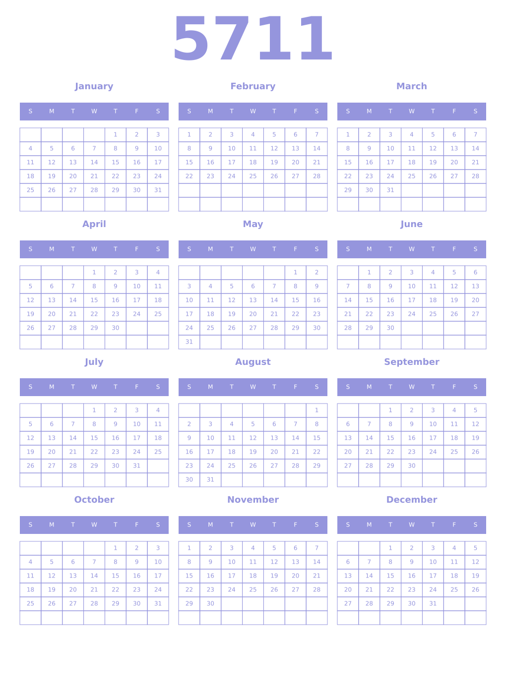 Printable 5711 Year Calendars periwinkle