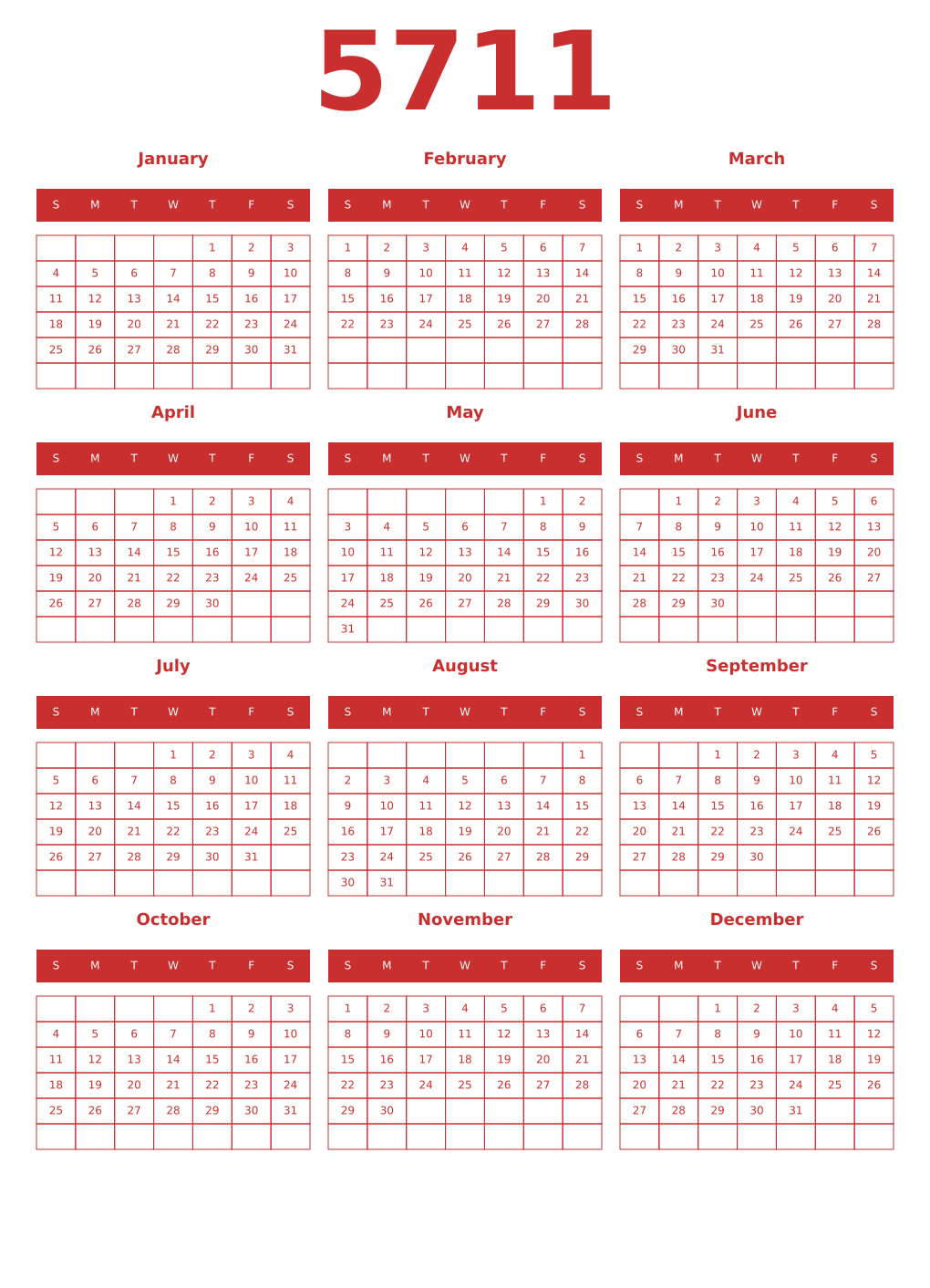 Printable 5711 Year Calendars red