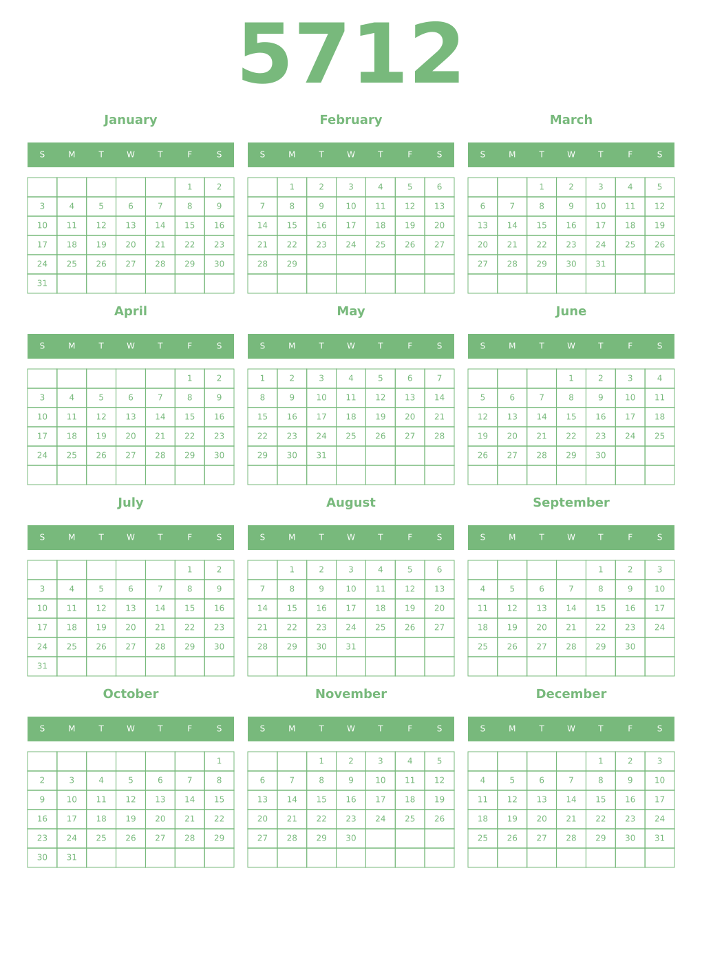 Printable 5712 Year Calendars celadon