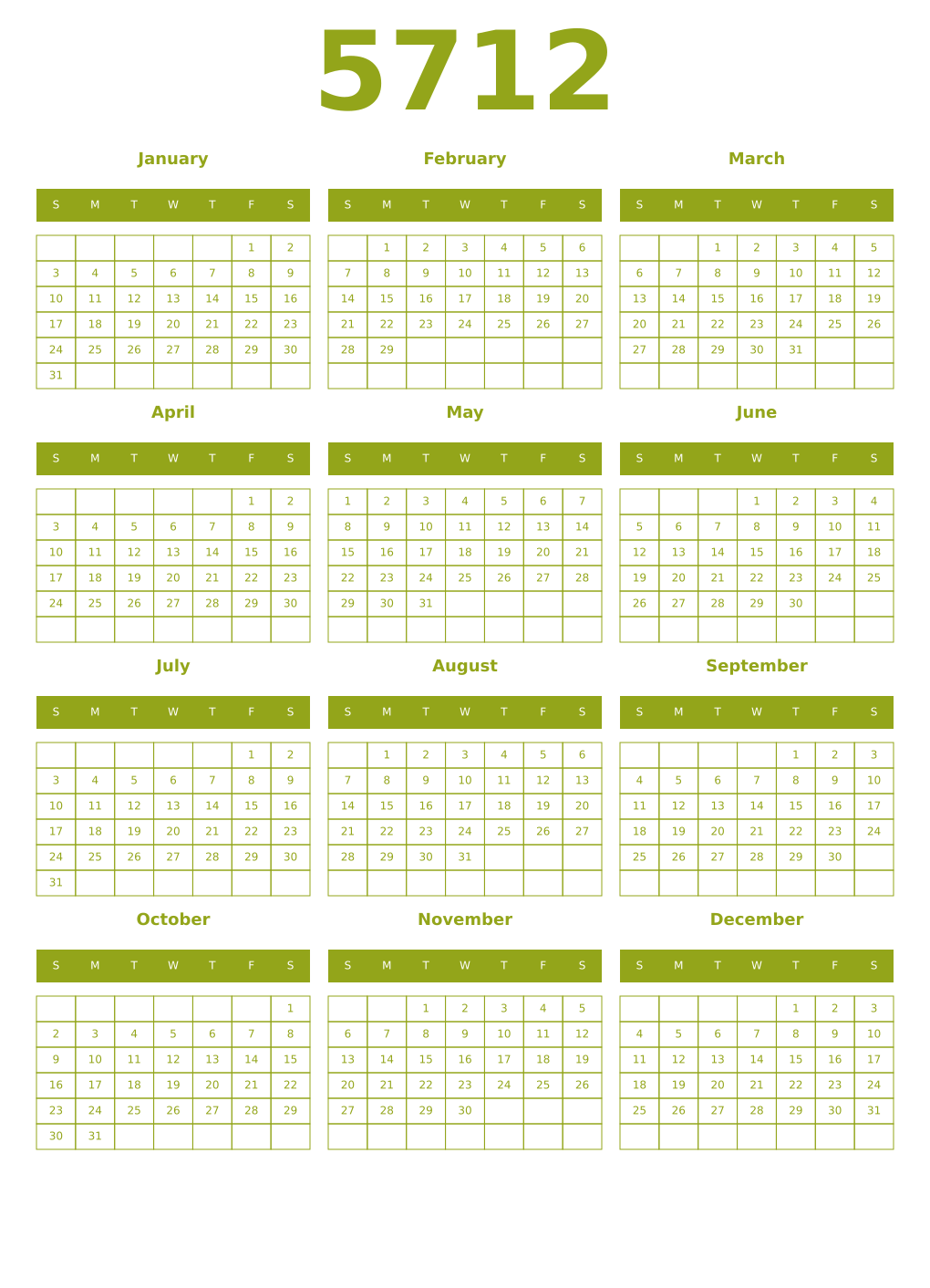 Printable 5712 Year Calendars chartreuse